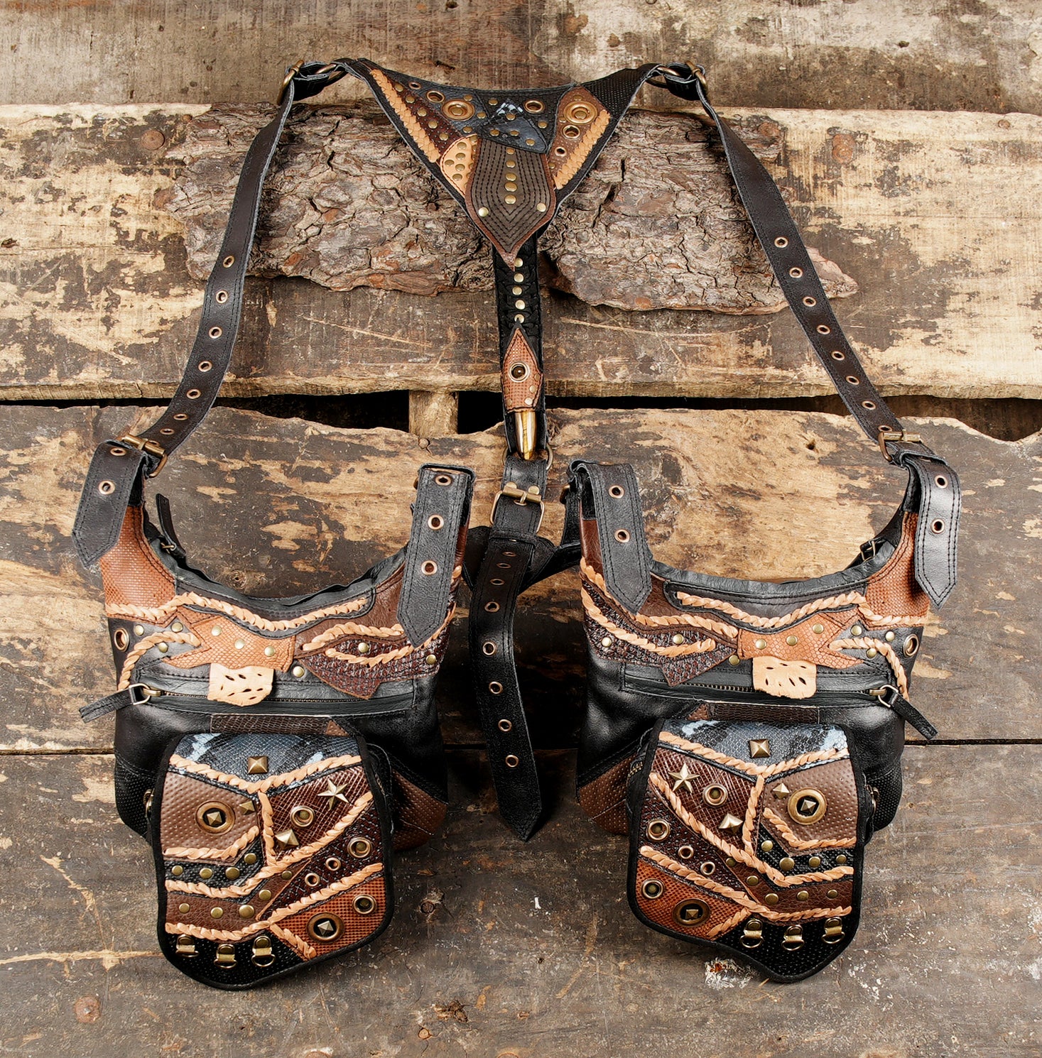 Leather festival holster bag with adjustable straps and buckles.
