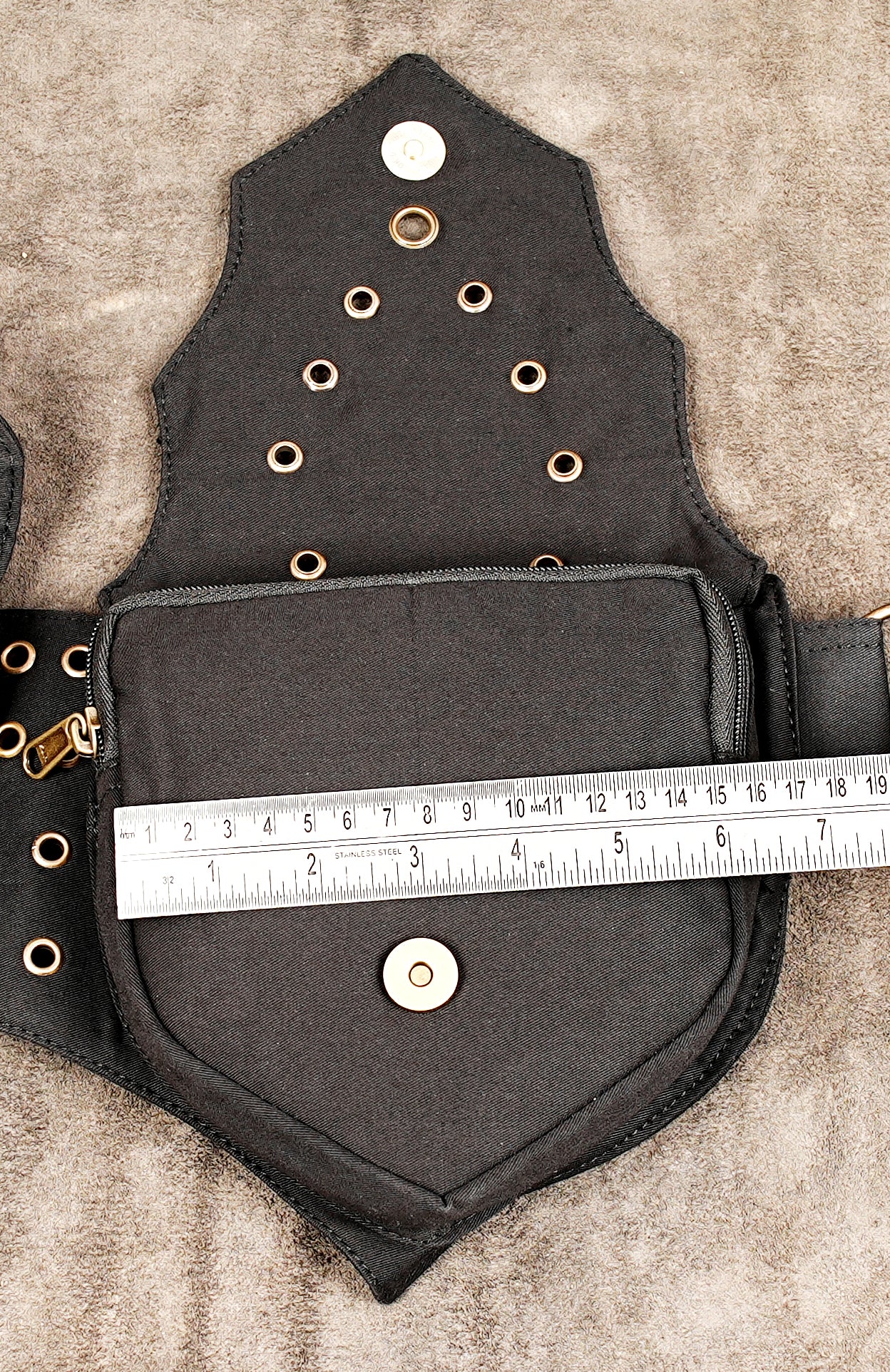Dual pouch utility belt with brass studs, adjustable waist strap