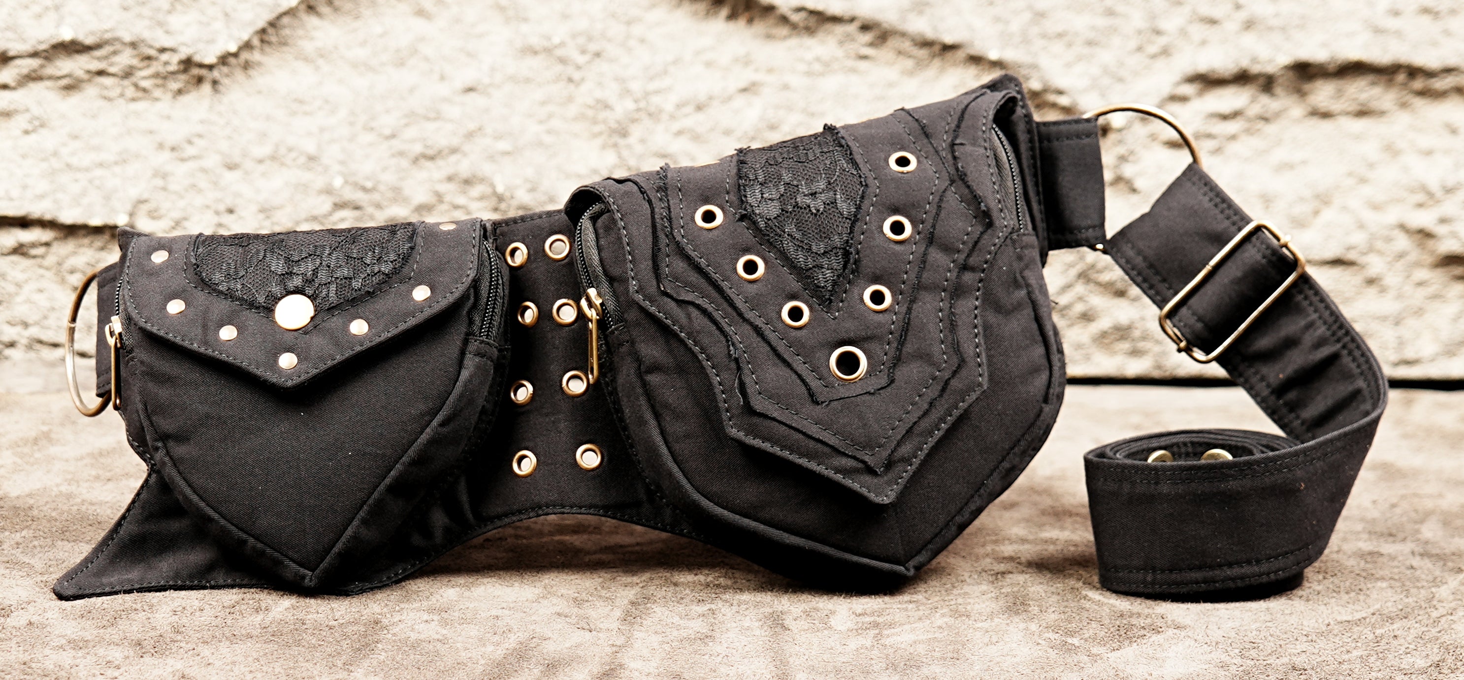Black cotton waist belt with functional storage and artisan style