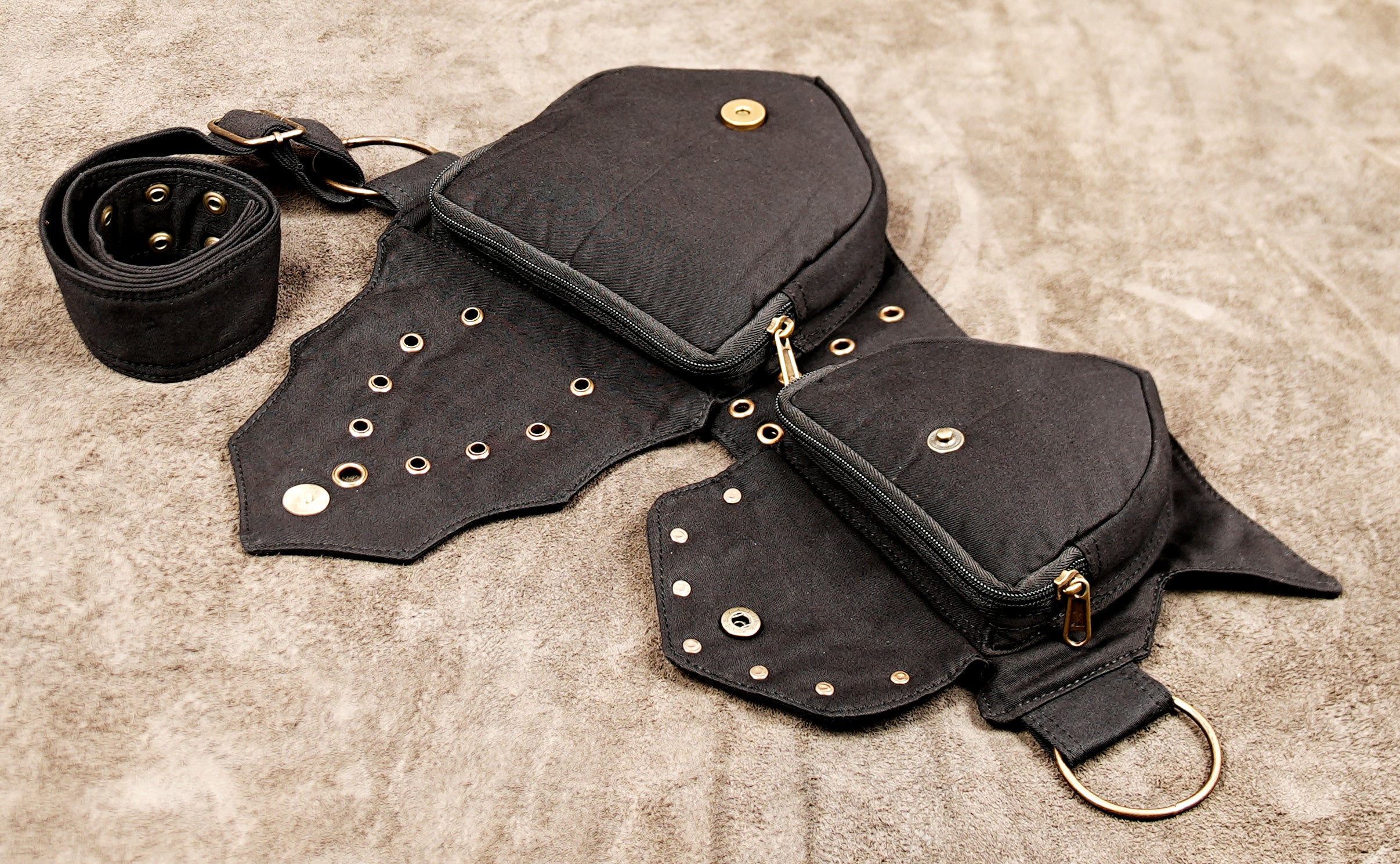Adjustable dual pocket belt bag, black canvas with metal stud trim