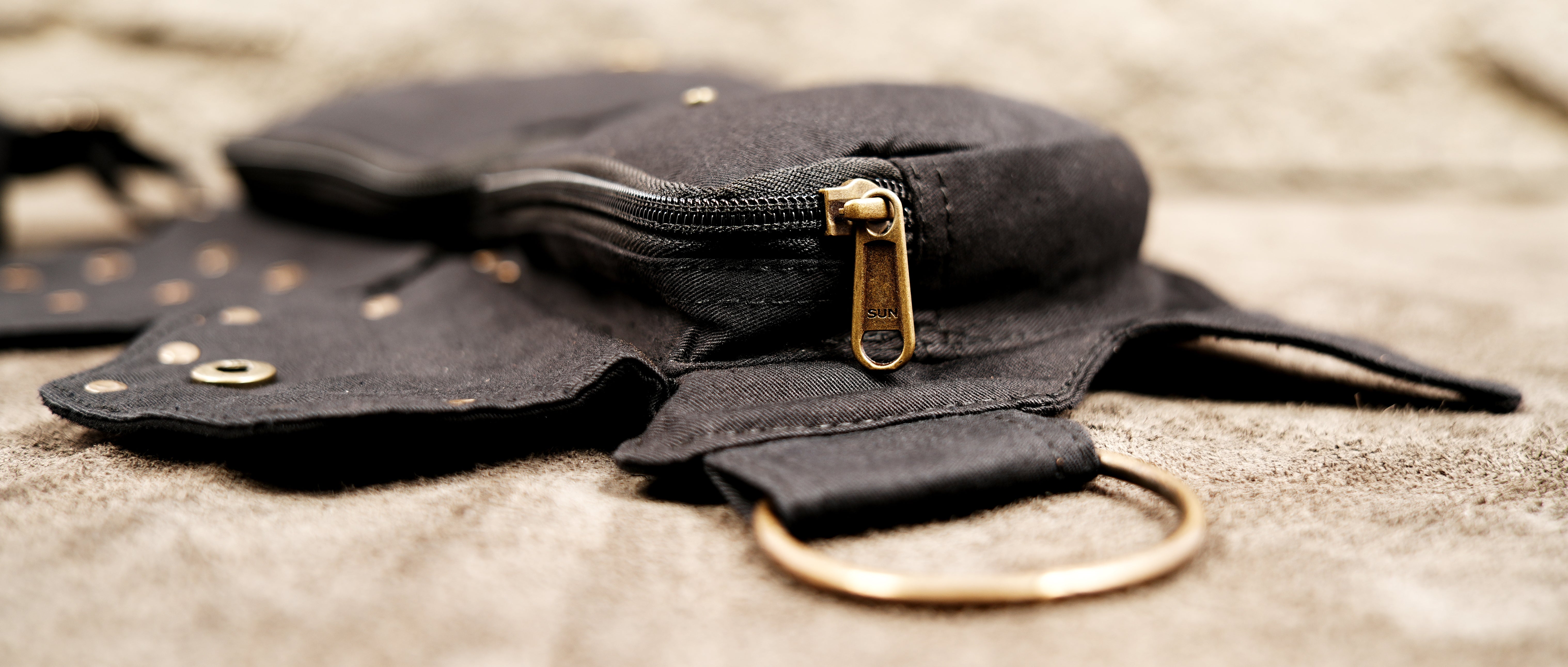 Steampunk waist pouch with brass grommets and secure zip closures