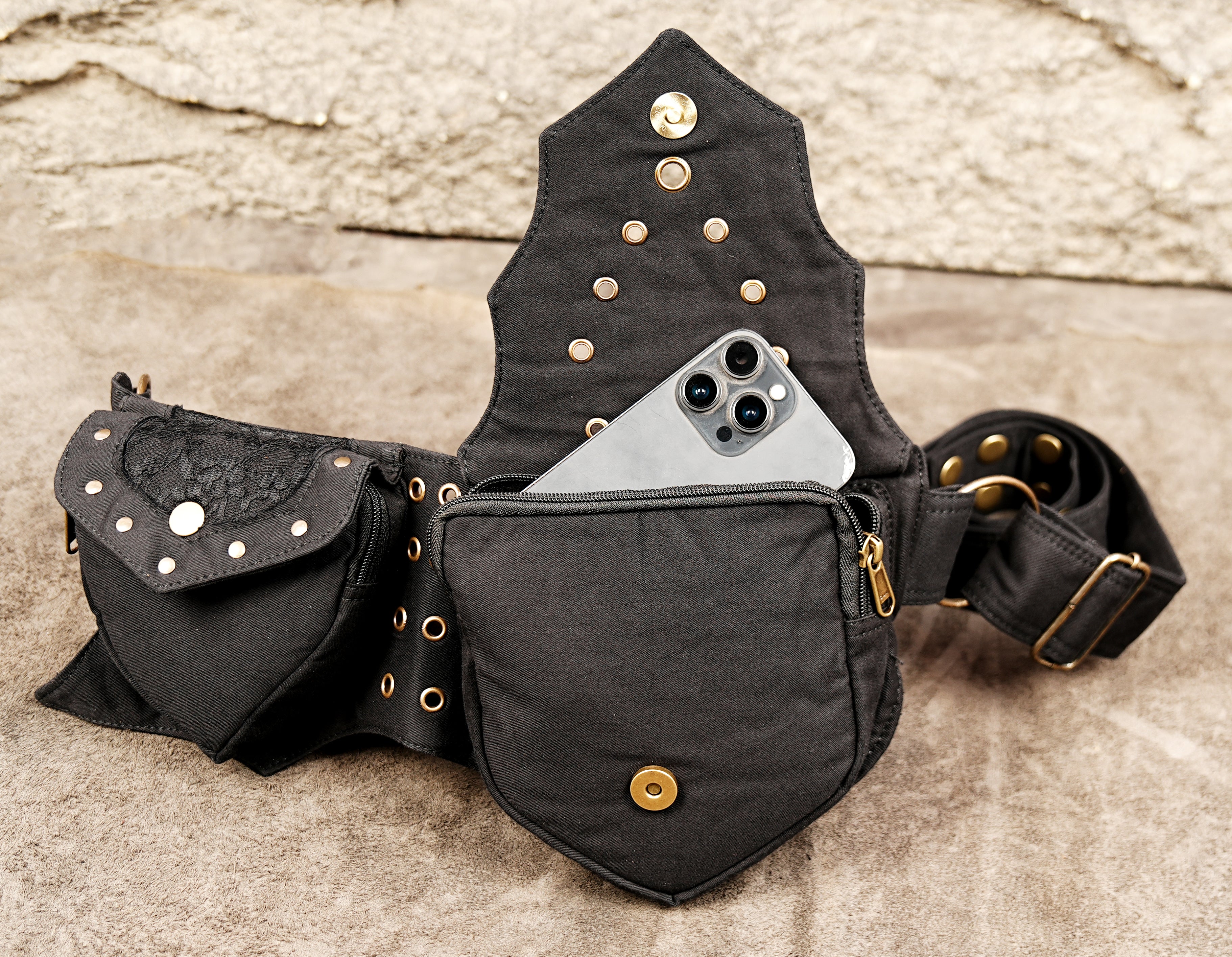 Warrior costume belt bag with studded pockets and gothic detailing