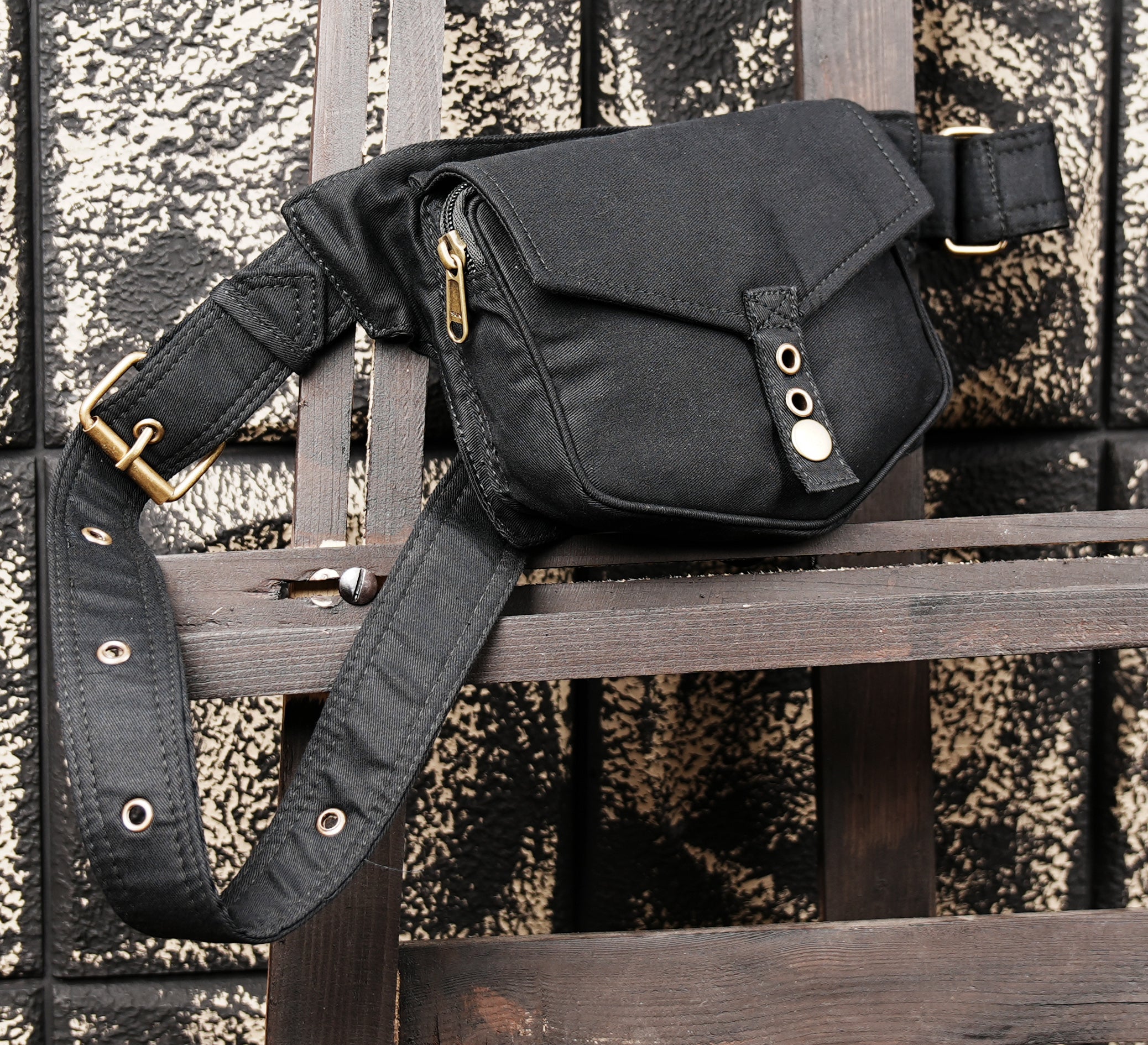 Cotton Utility Waist Bag with Secure Zipper and Snap Button Closure