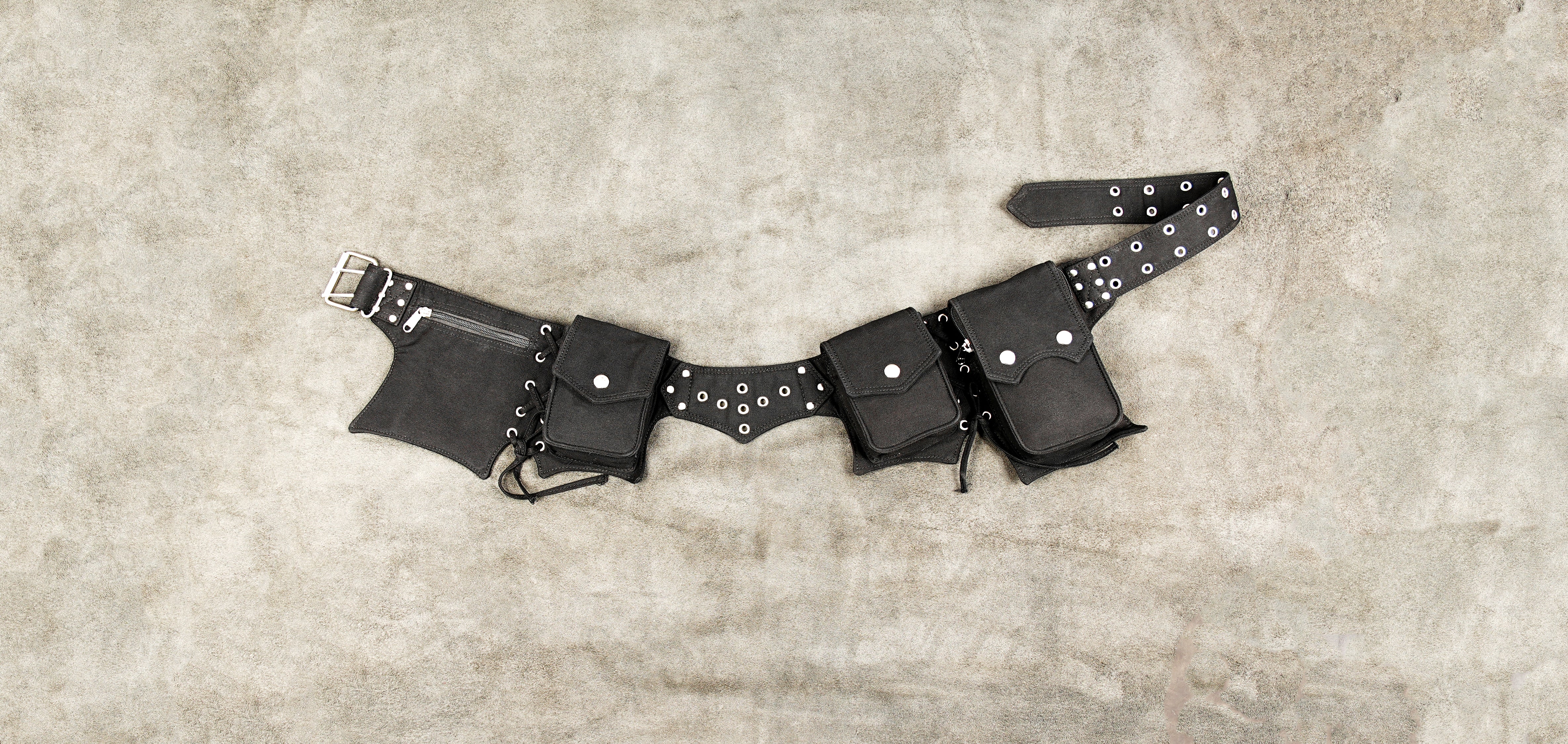 Black cotton waist belt pouch with lace-up utility pockets