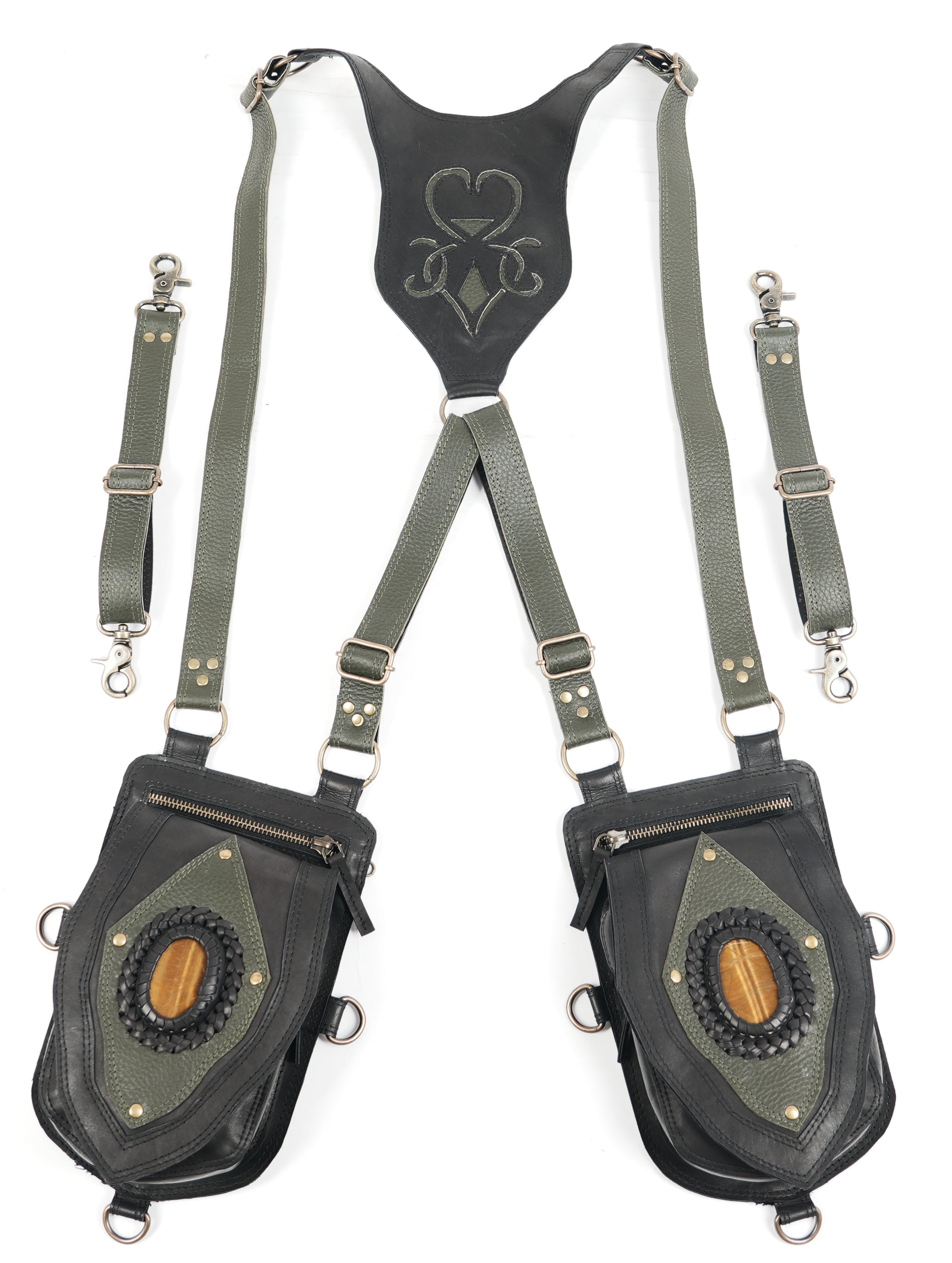 Leather festival holster with twin pouches and earthy green tones
