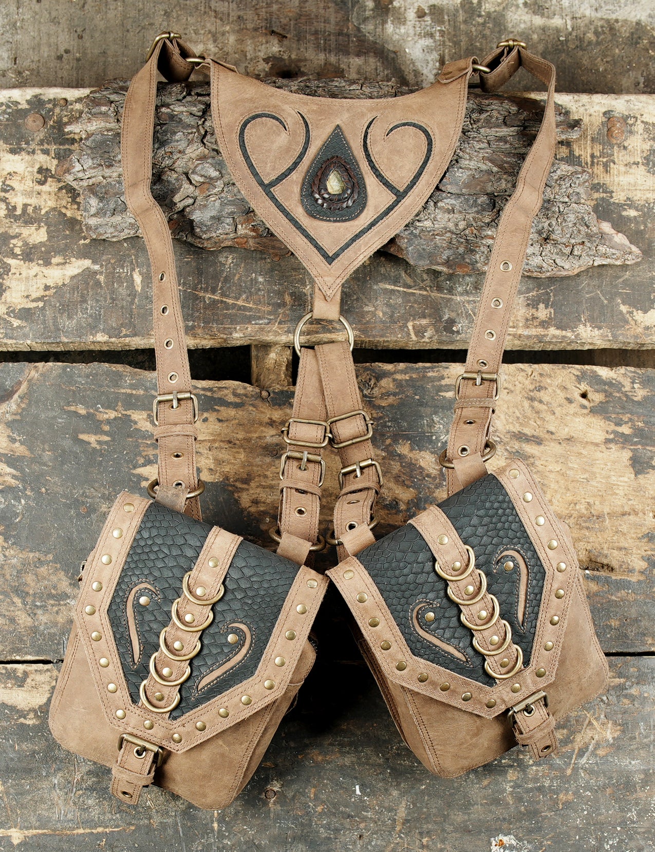 Custom leather festival harness with dual storage compartments
