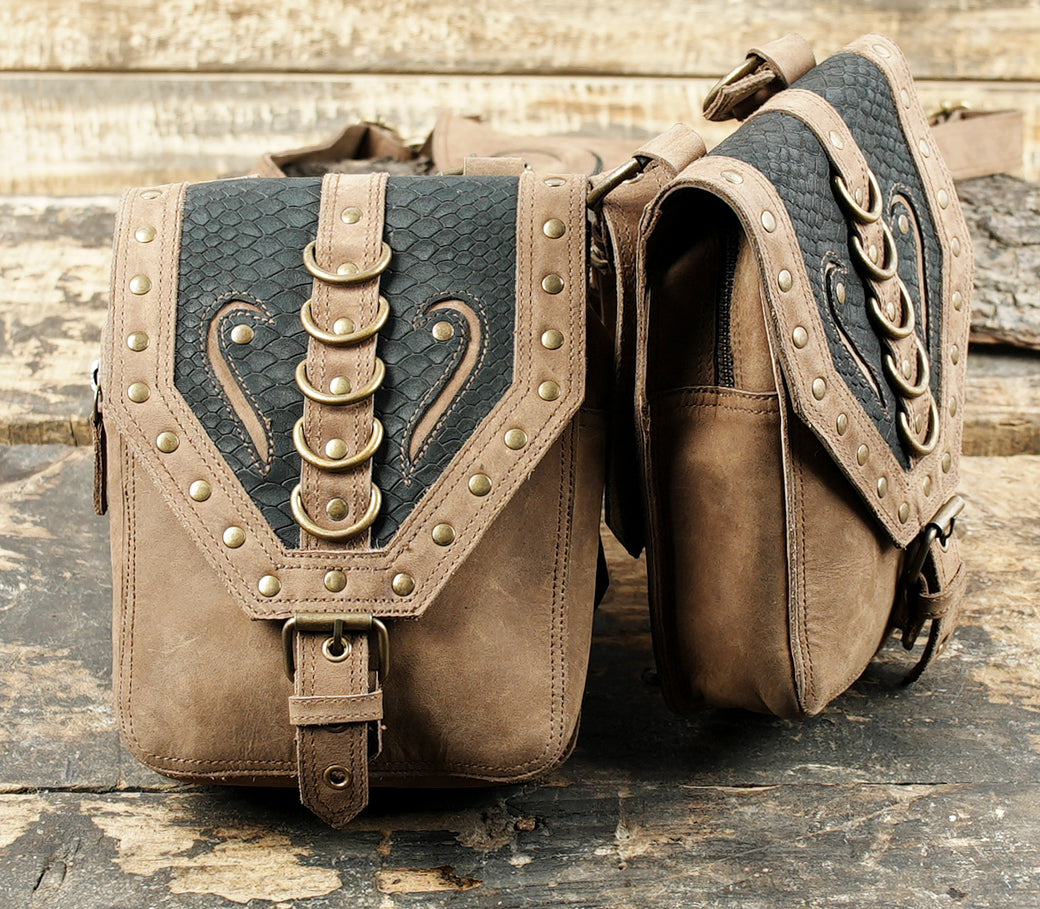 Decorative leather dual pouch holster for travel and outdoor use