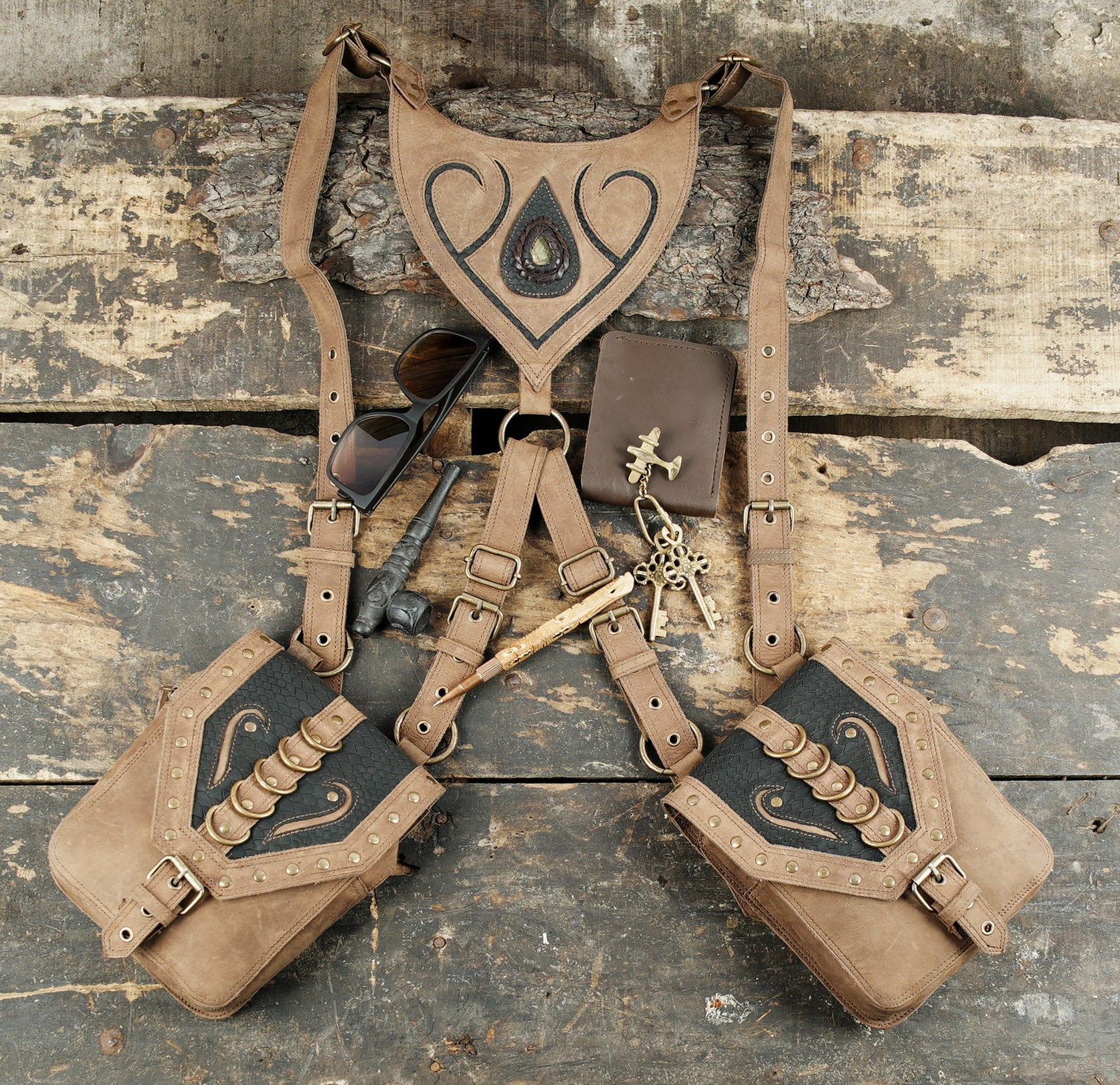 Handcrafted Tan Leather Dual Pouch Holster || Boho Leather Utility Harness Bag (LT/AB/HLS/6106)