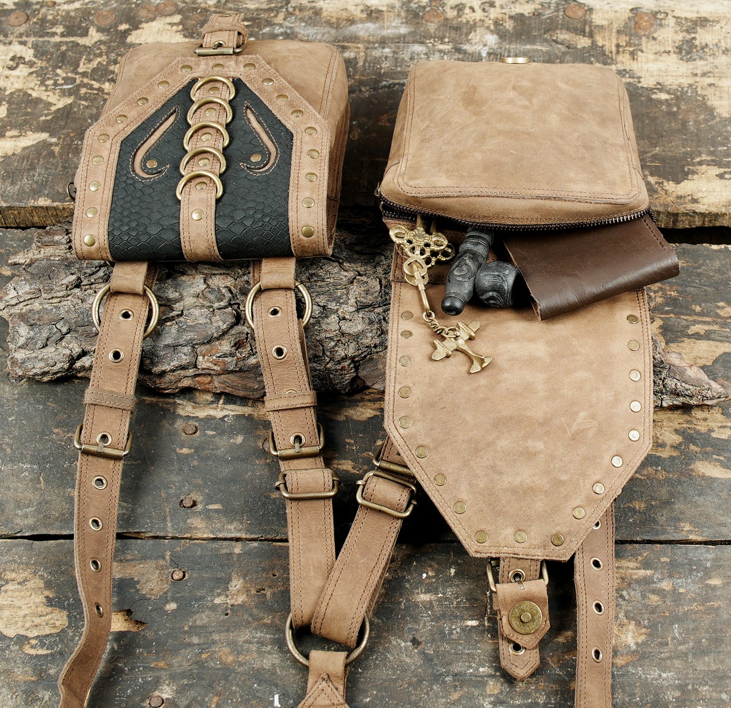 Festival leather holster with adjustable shoulder and waist straps