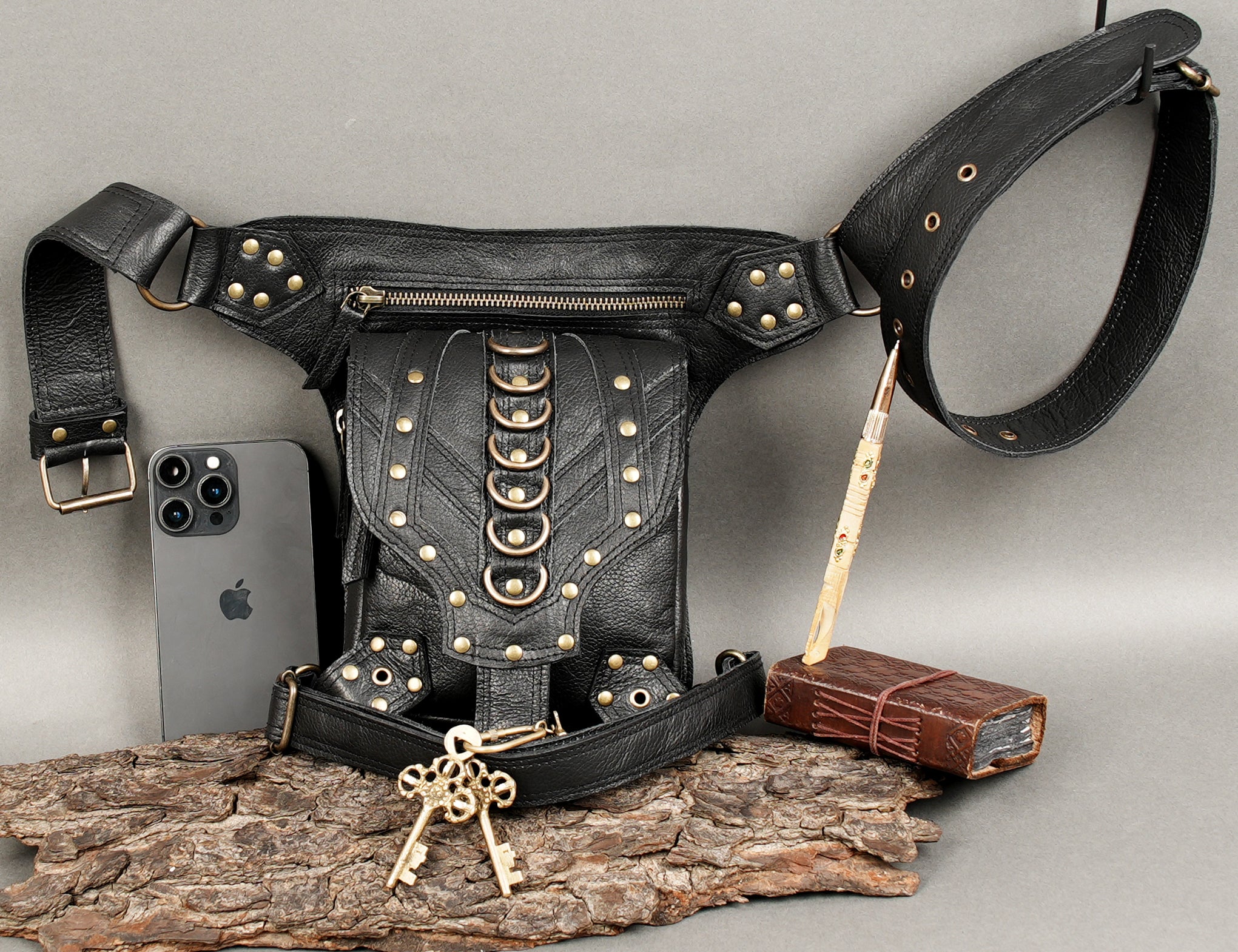 Handmade Leather Waist Thigh Belt with Stud and Ring Details || Unisex Leather Waist Thigh Belt for Festival and Travel (LT/AB/WBTS/6019)