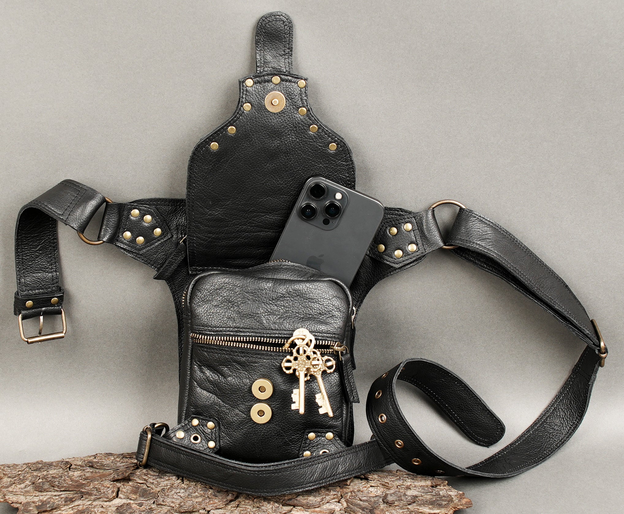 Handmade Leather Waist Thigh Belt with Stud and Ring Details || Unisex Leather Waist Thigh Belt for Festival and Travel (LT/AB/WBTS/6019)