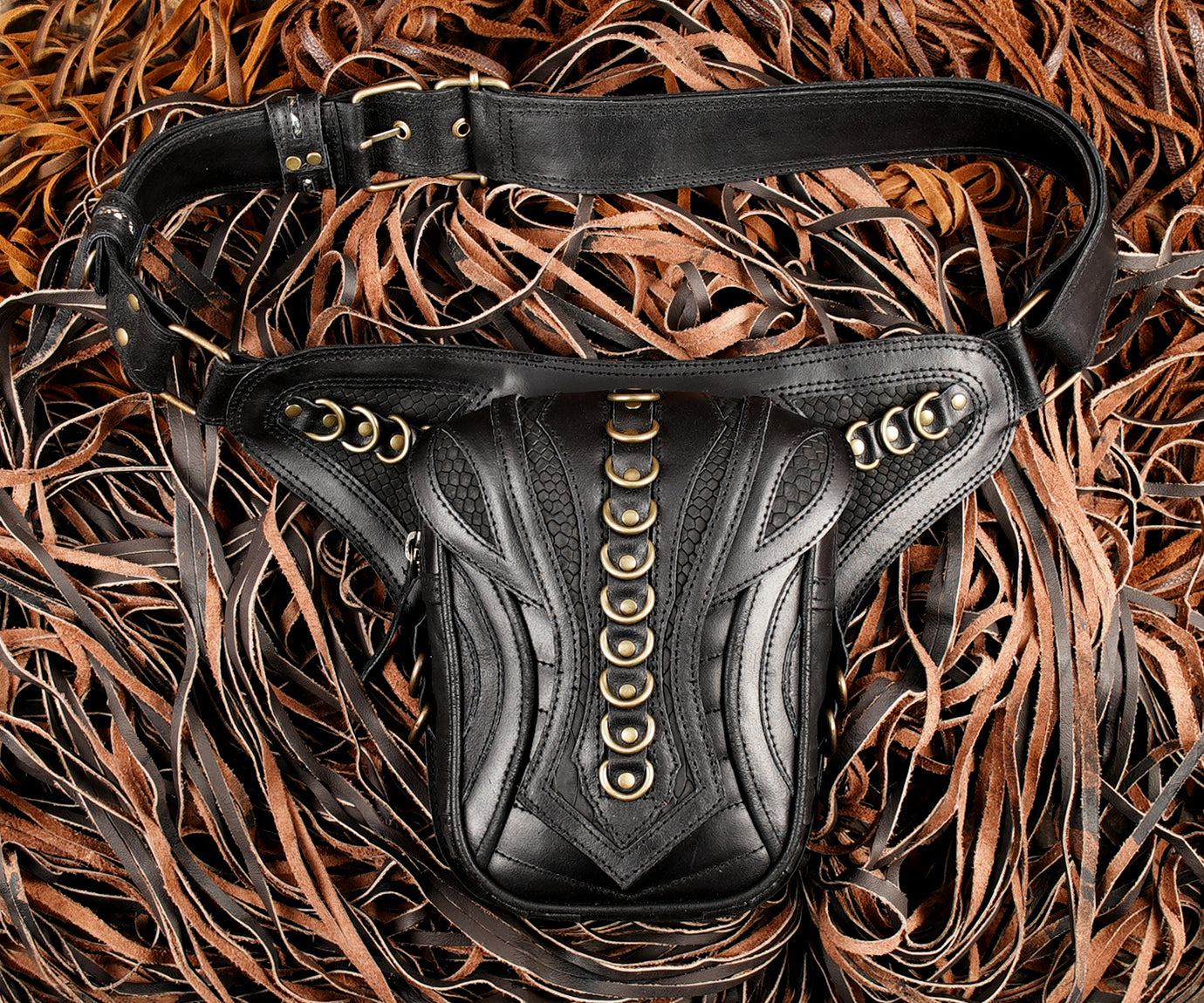 Handmade black leather waist belt with tribal stud detailing