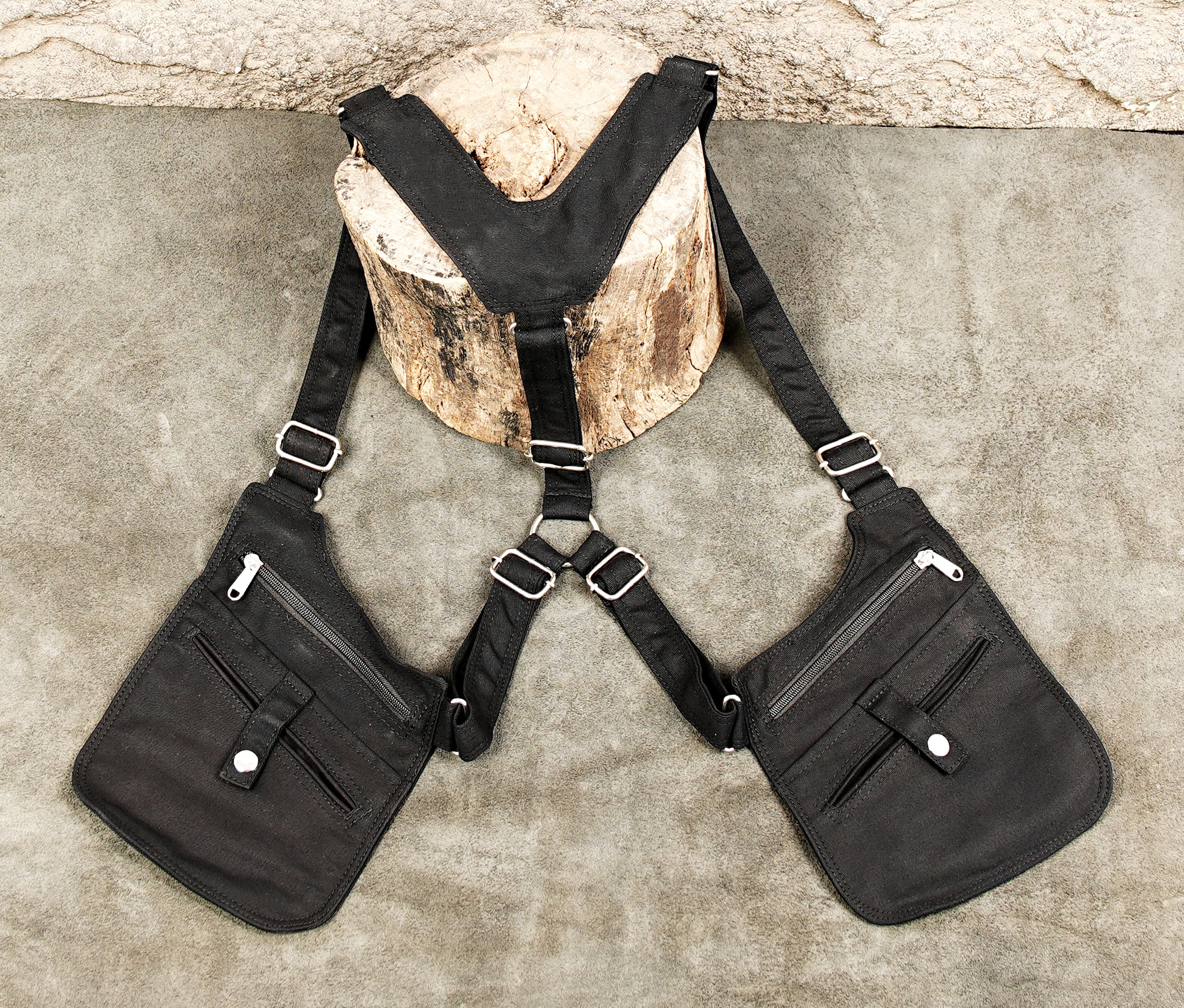 Unisex canvas shoulder holster bag featuring dual multi-zippered utility pouches