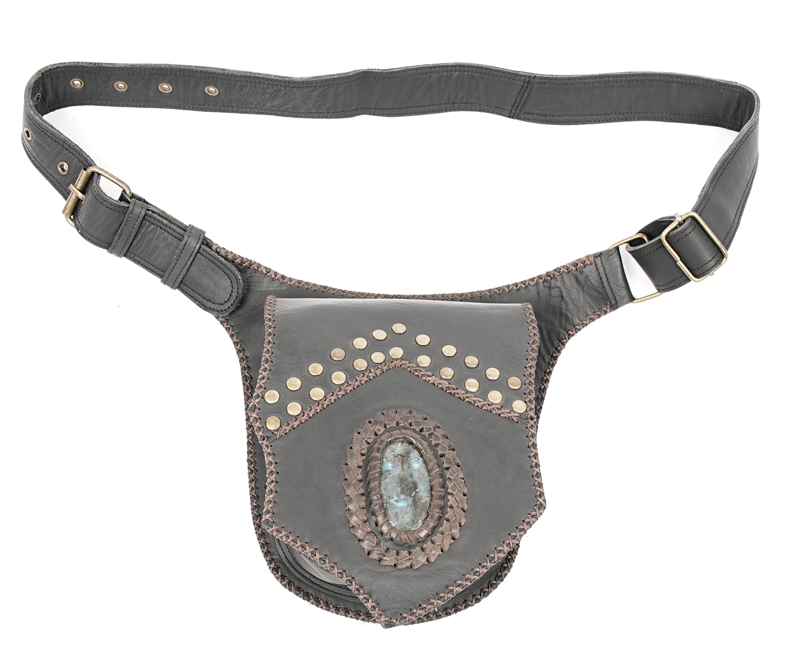 Handmade leather waist belt bag with labradorite gemstone and antique brass studs