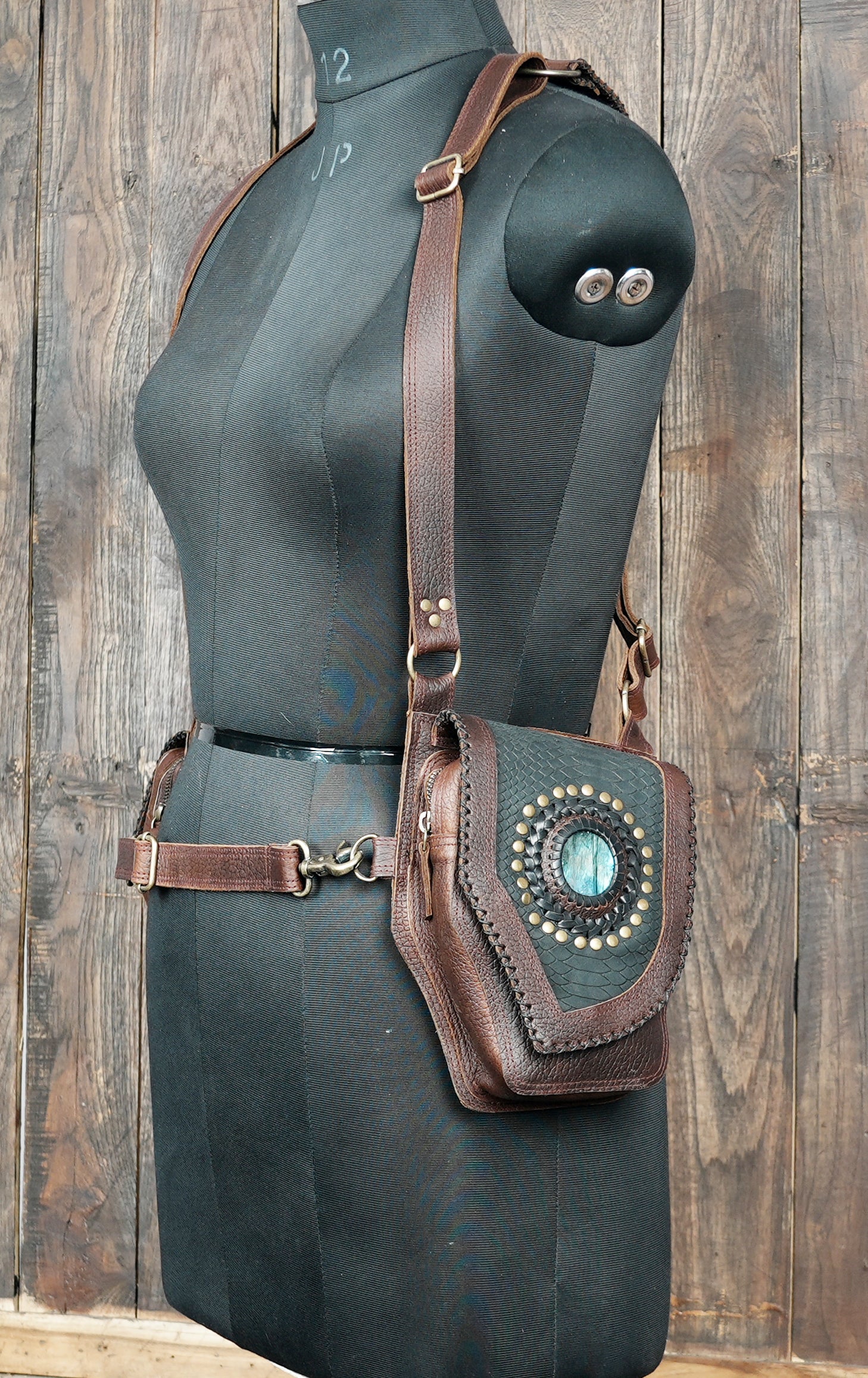 Ethnic leather hip holster with braided design