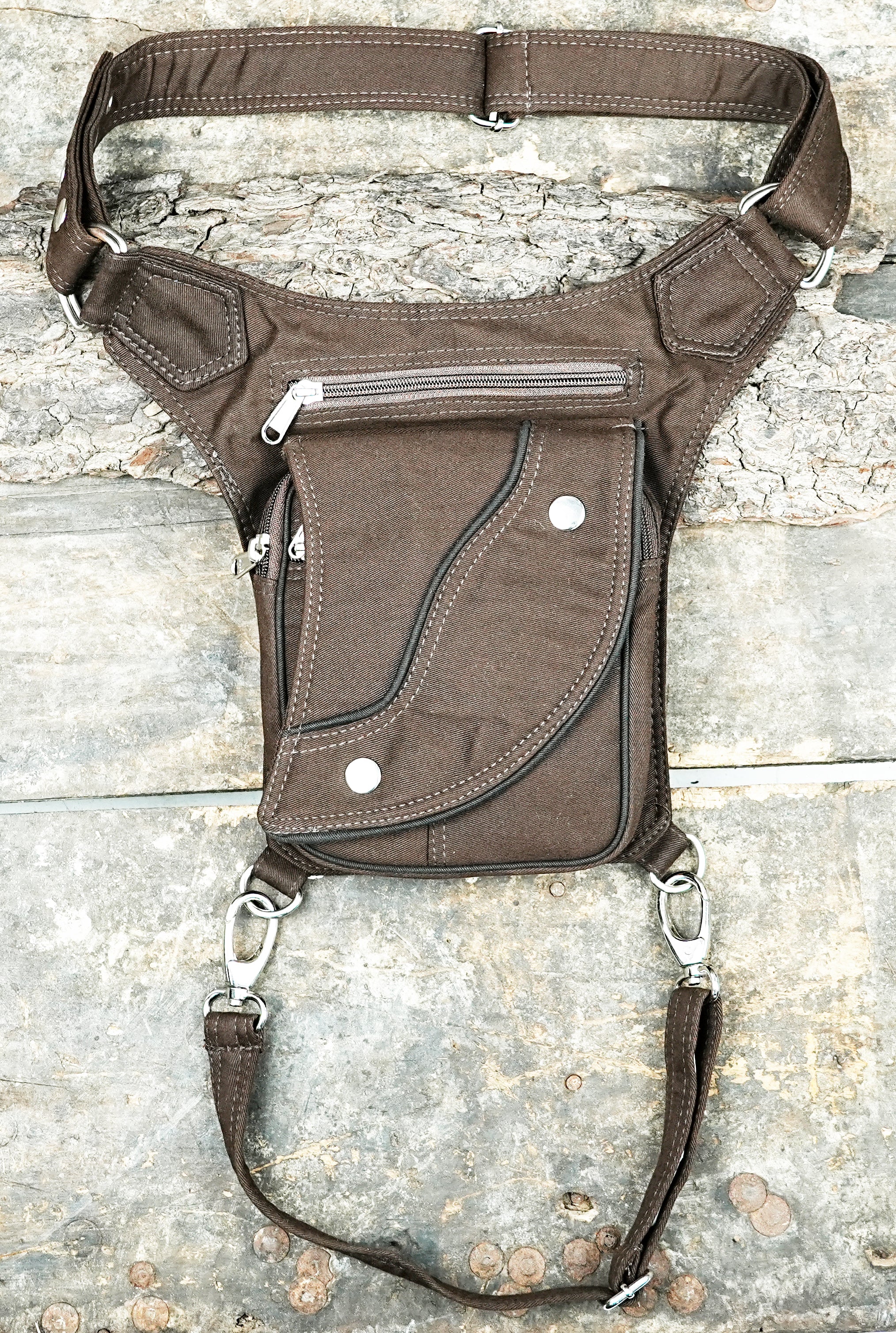 Brown cotton canvas drop leg bag with snap buttons