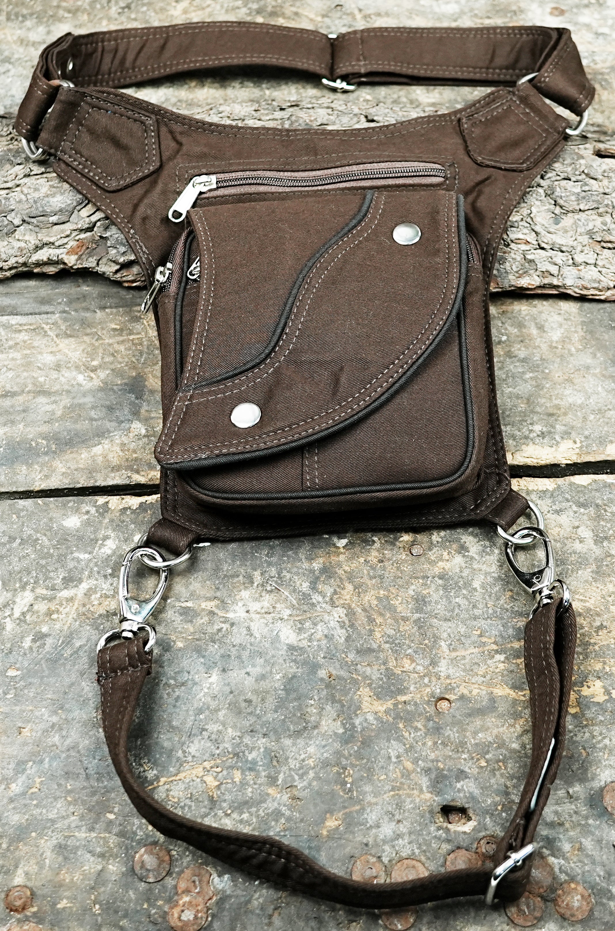 Alternative fashion brown drop leg pouch with zipper pockets