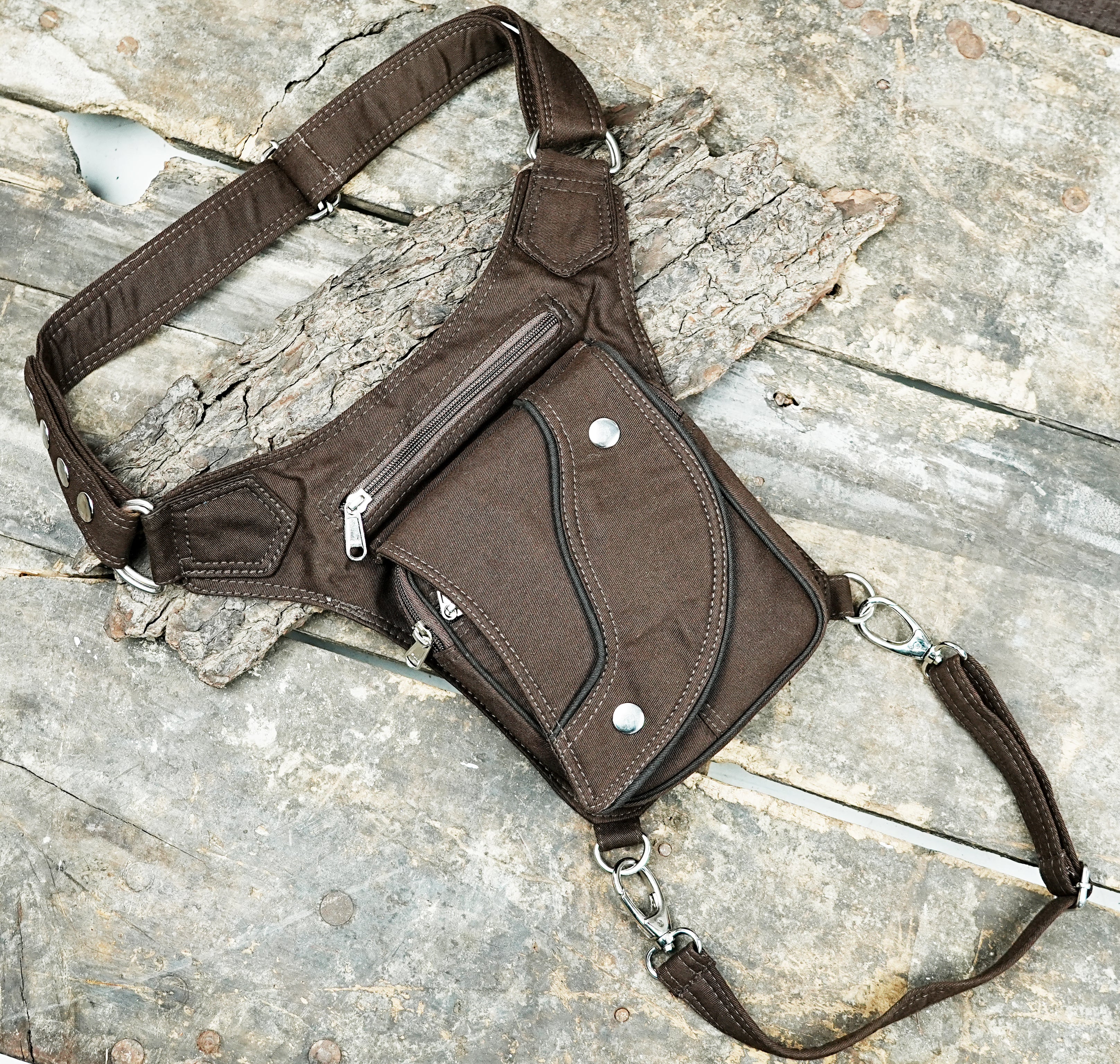 Festival-ready brown cotton waist pack with thigh harness