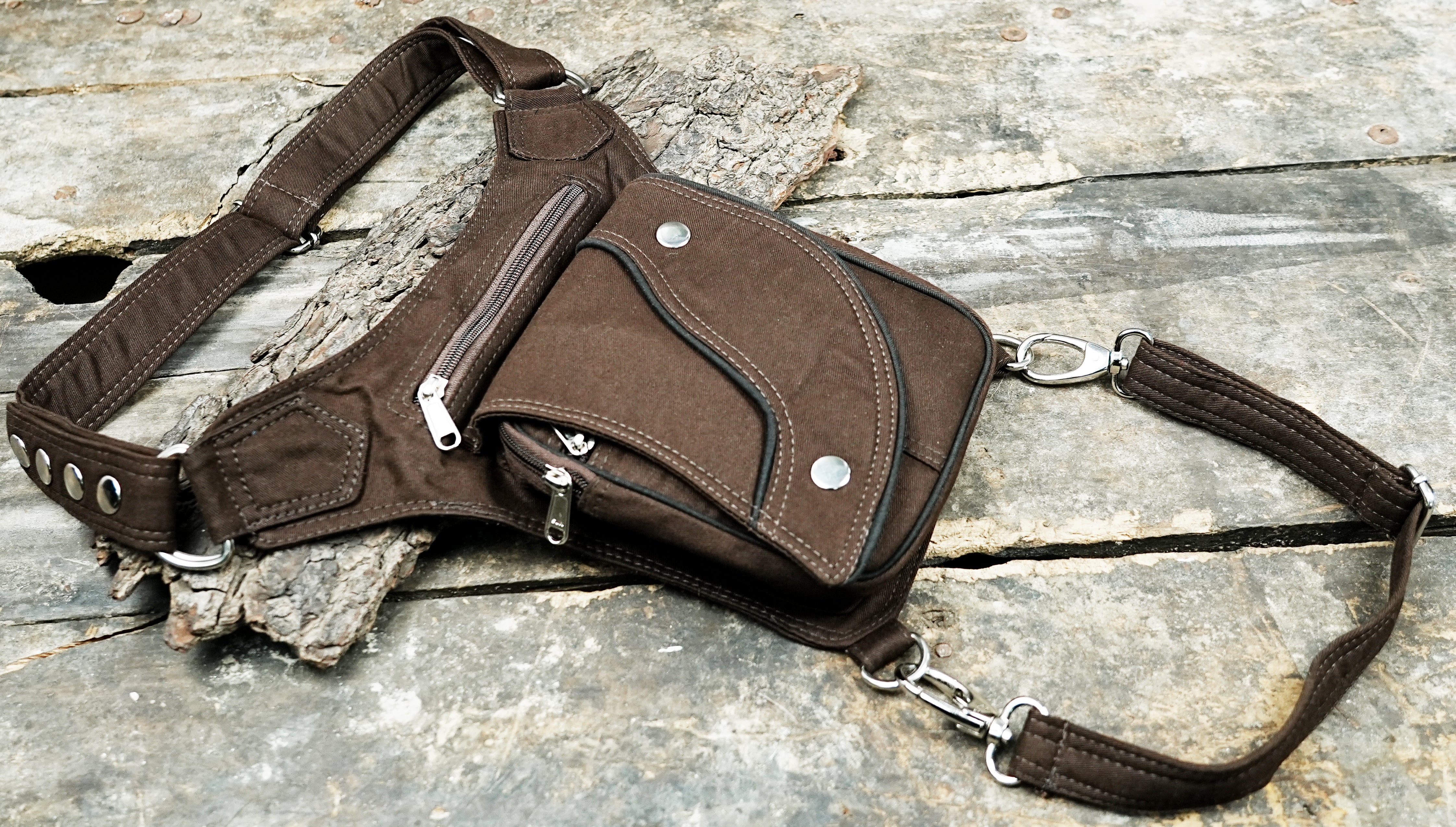 Industrial style brown canvas drop leg bag for everyday use