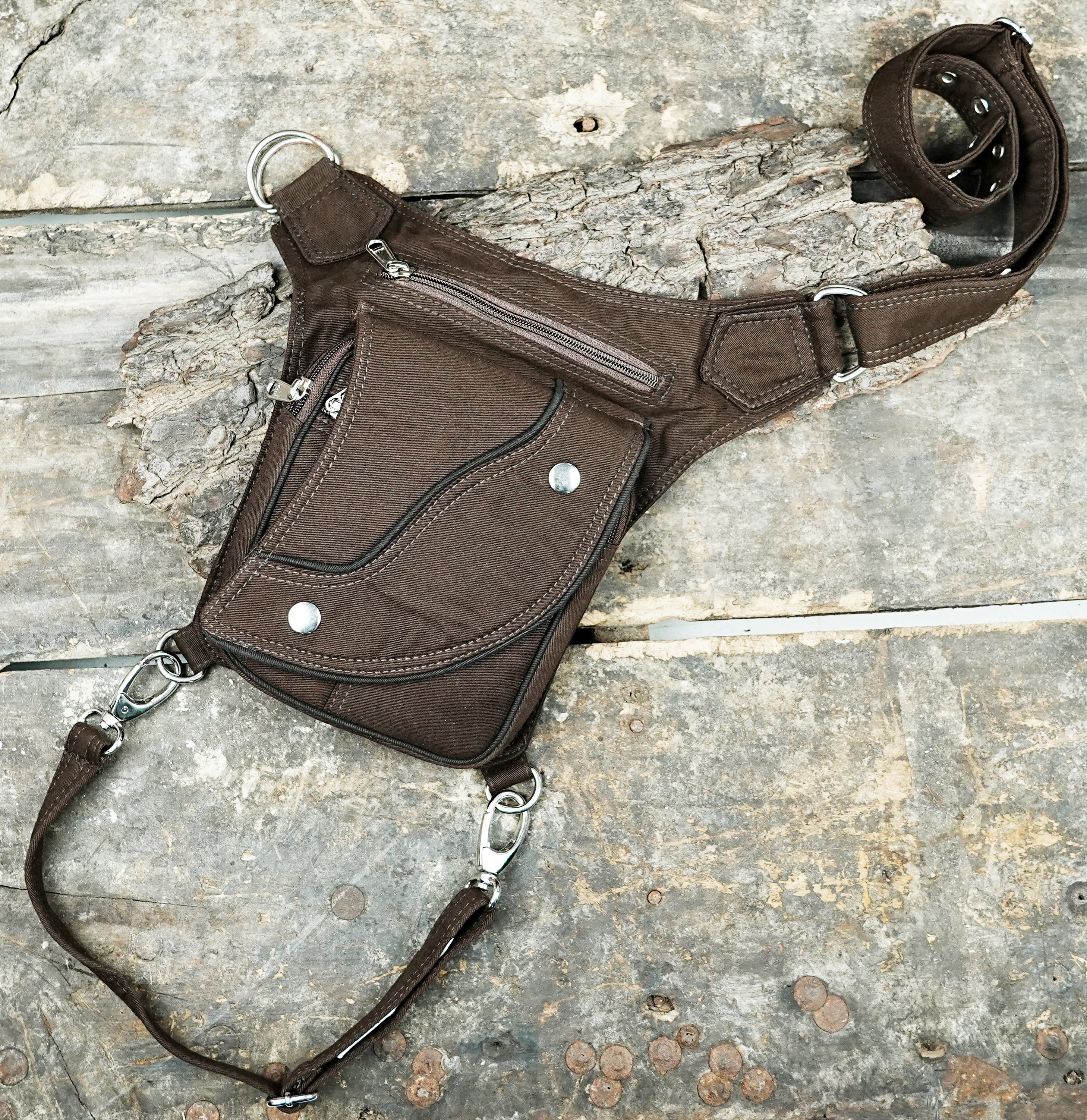 Comfortable brown cotton waist-to-thigh strap bag for travel