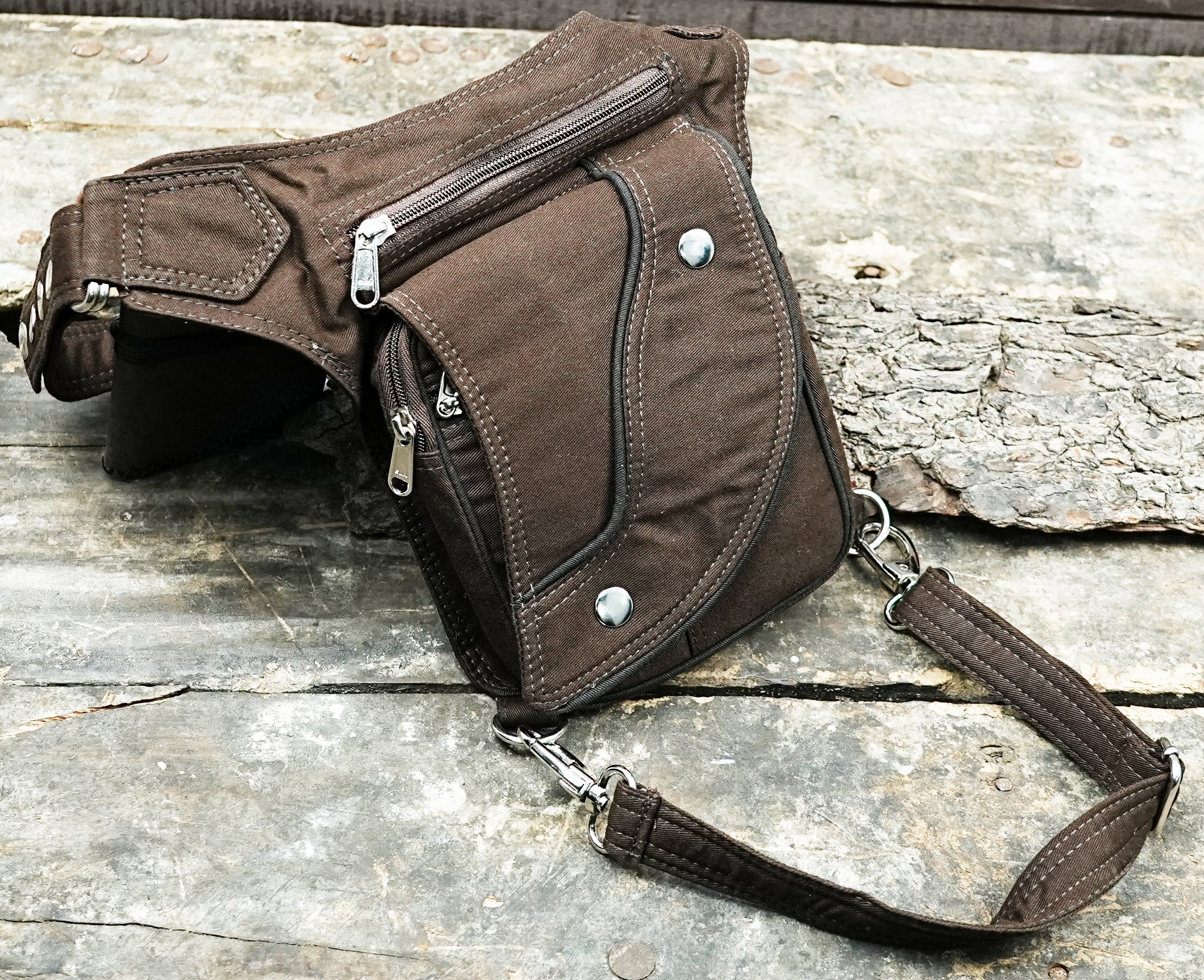 Steampunk style brown canvas hip and leg bag