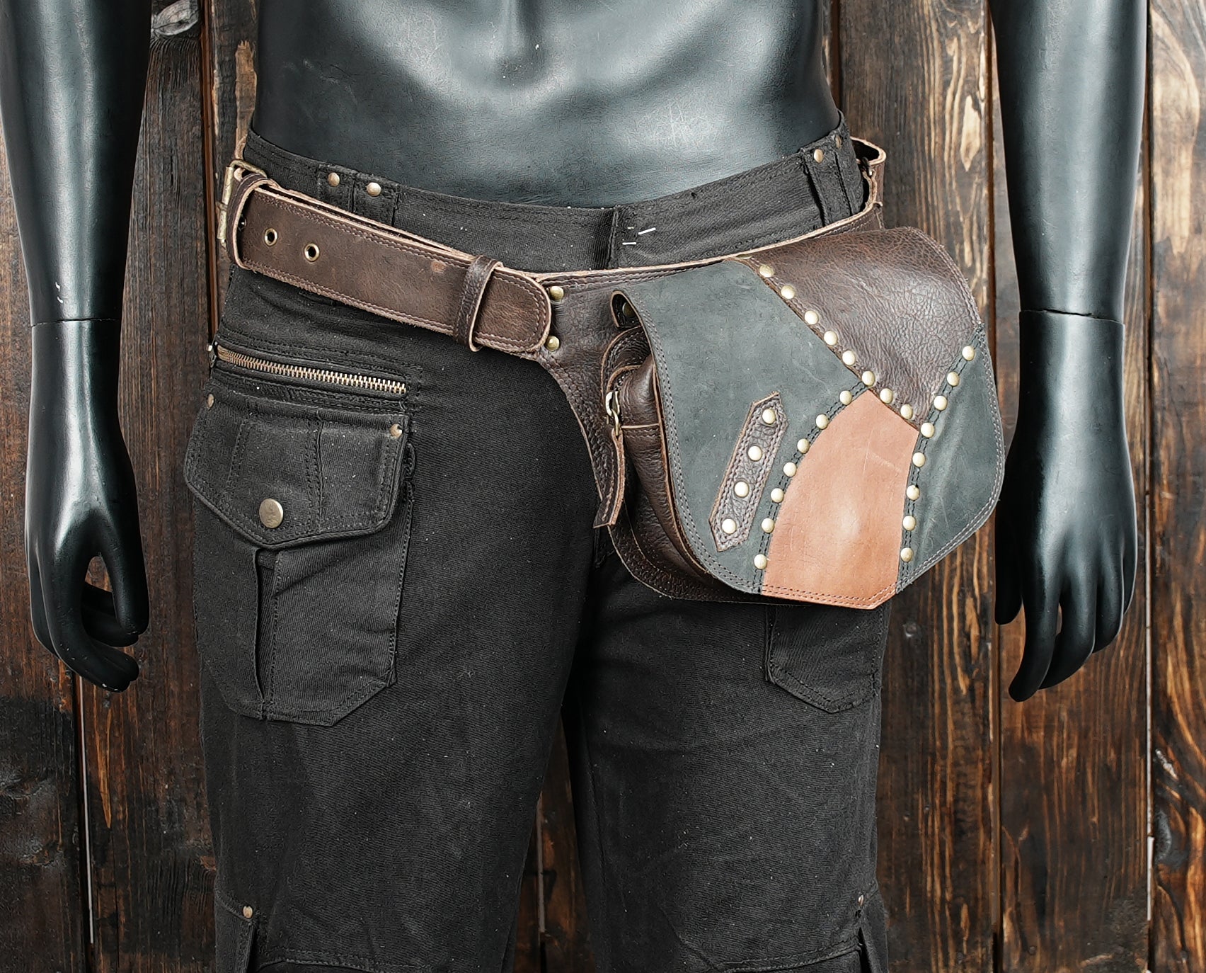 Black and brown waist pouch with handmade craftsmanship