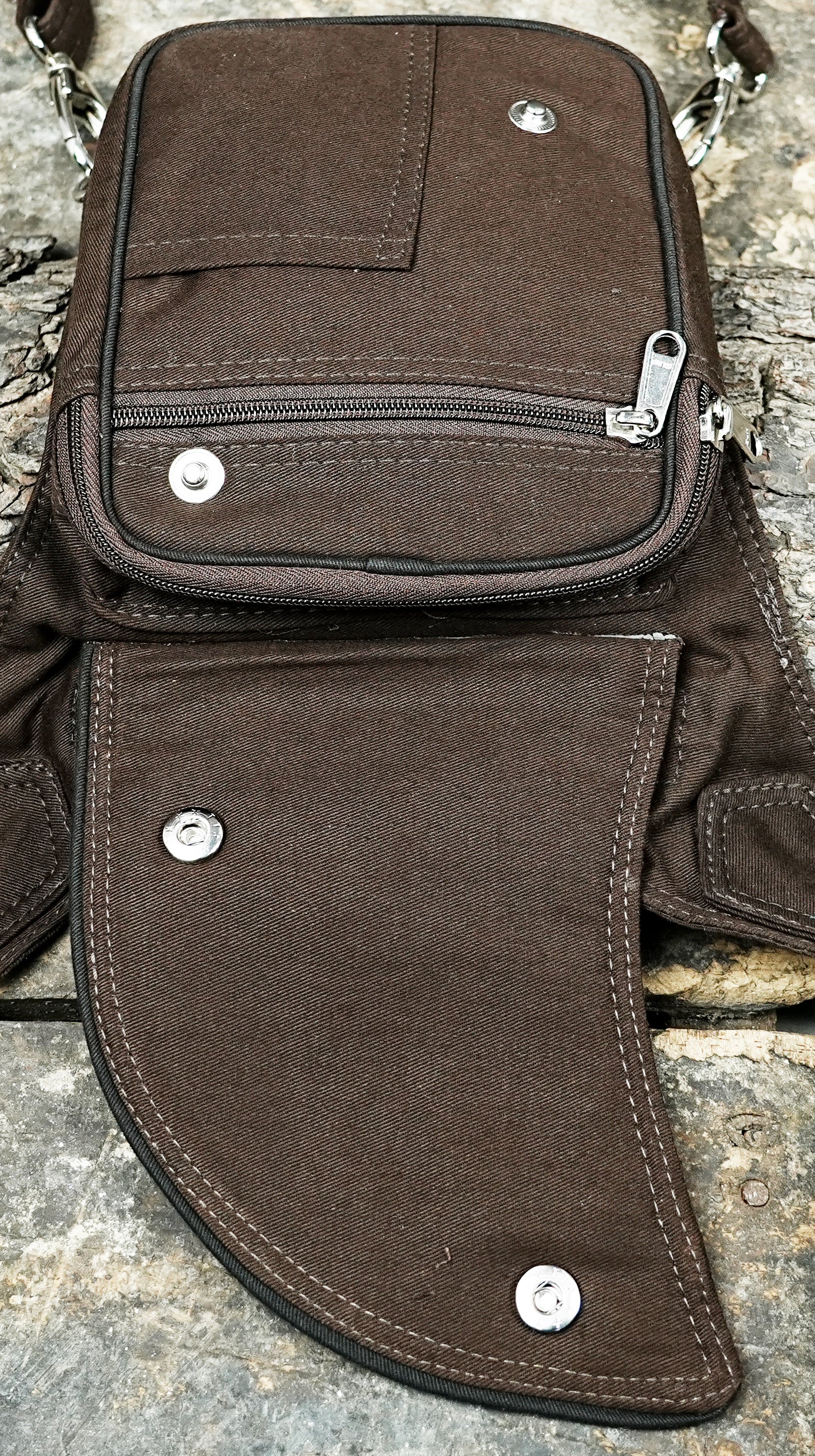 Versatile brown canvas leg pouch with D-rings and pockets