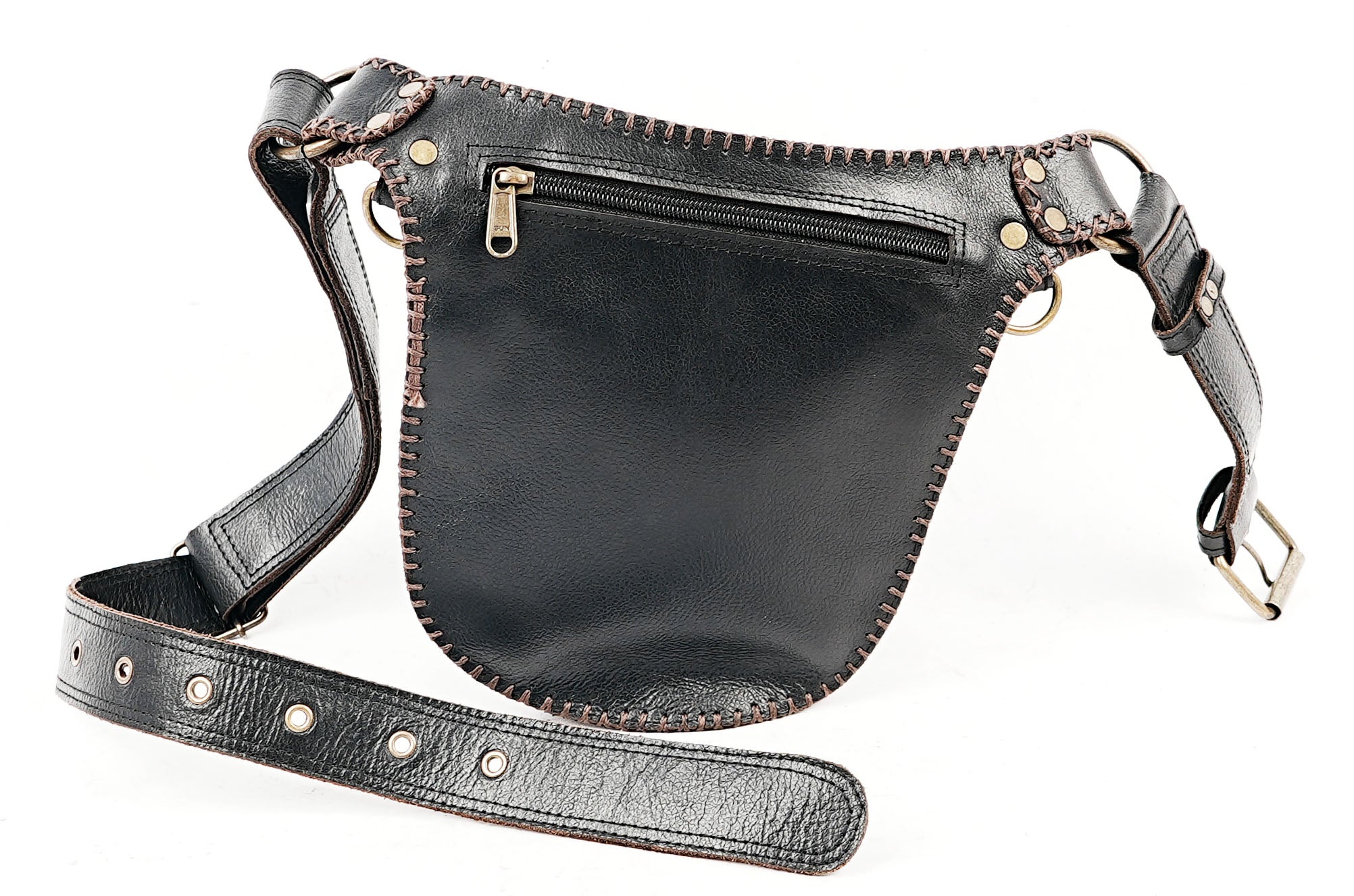 Handcrafted black leather waist belt with front pouch