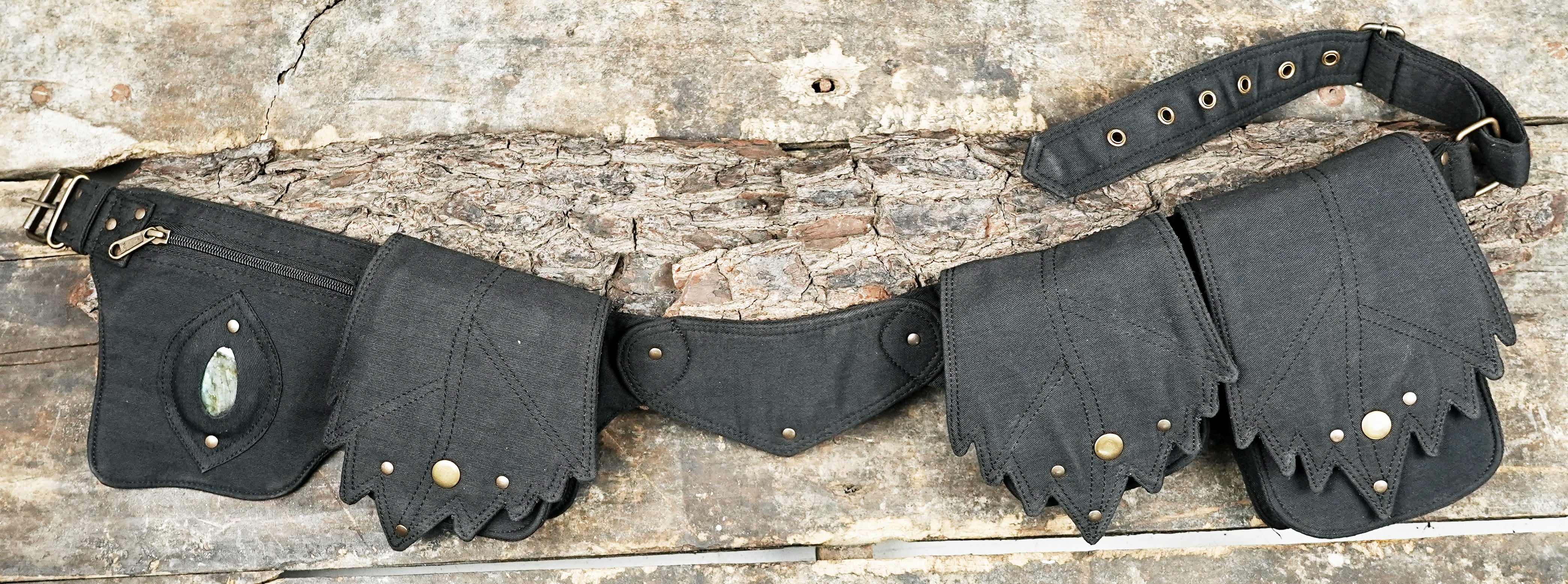 Black gemstone utility belt with multiple pouches and brass studs