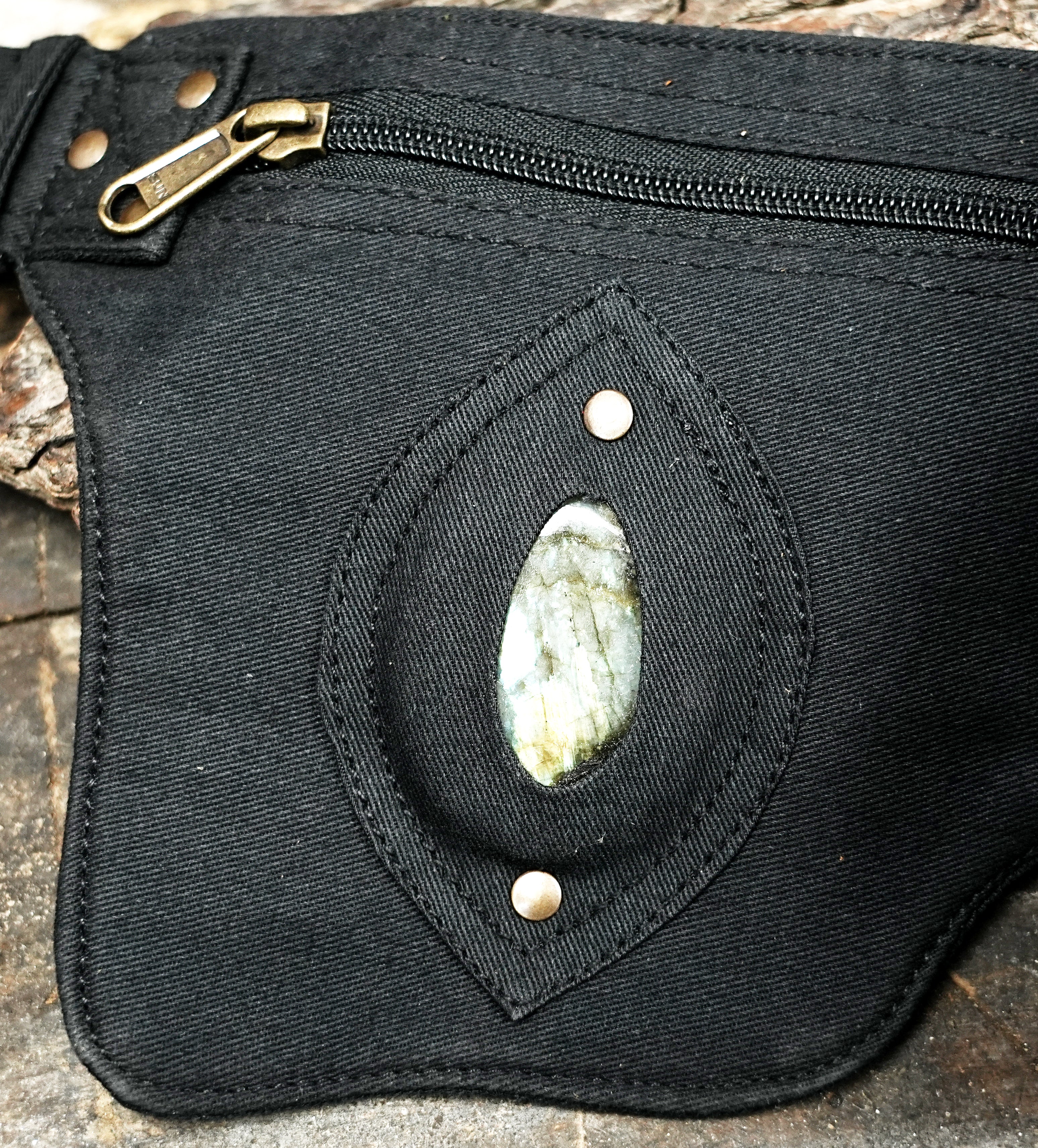 Hands-free black bum bag featuring a natural gemstone centerpiece
