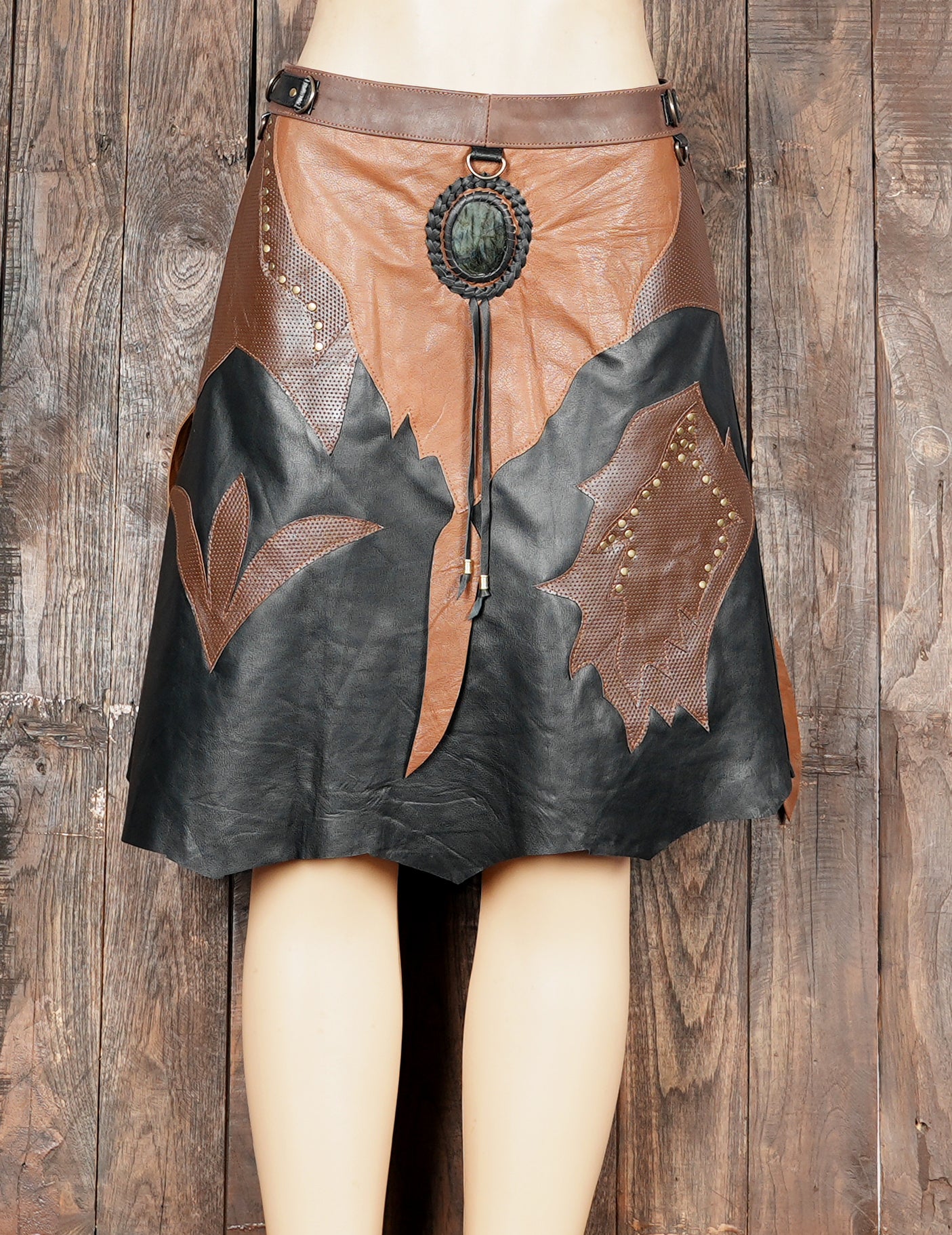 Creative leather skirt with detailed patterns and unique cuts