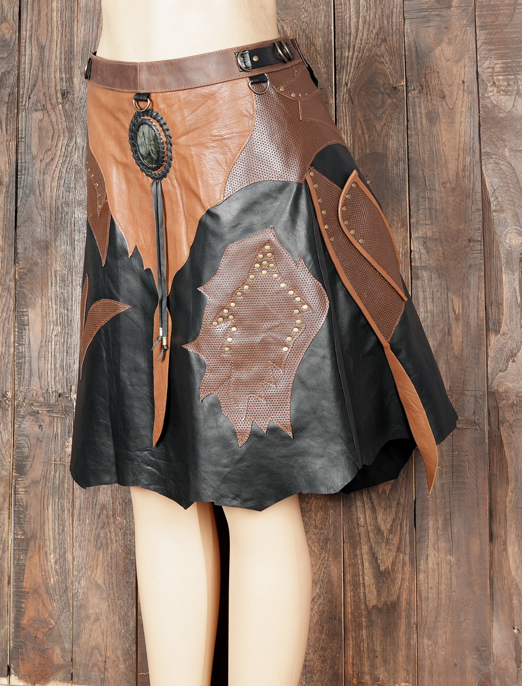 High end leather skirt with eye catching layered design