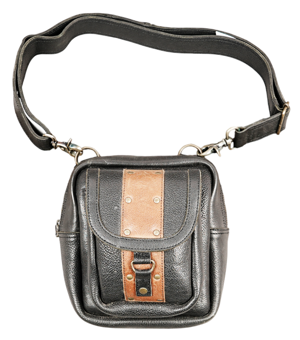 Black leather belt bag with front pocket and snap fastener