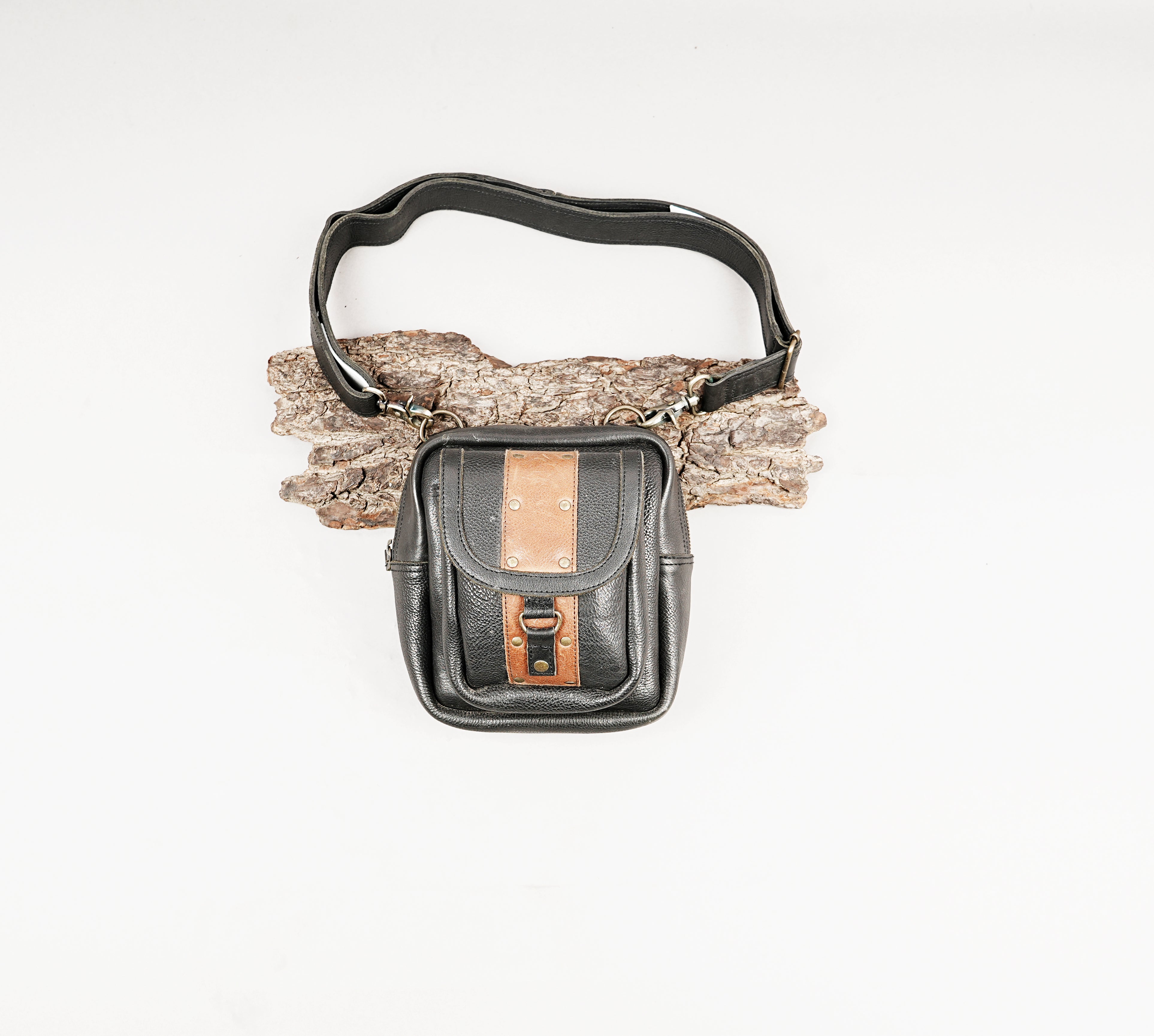 Handmade black leather waist belt bag with brown leather accent