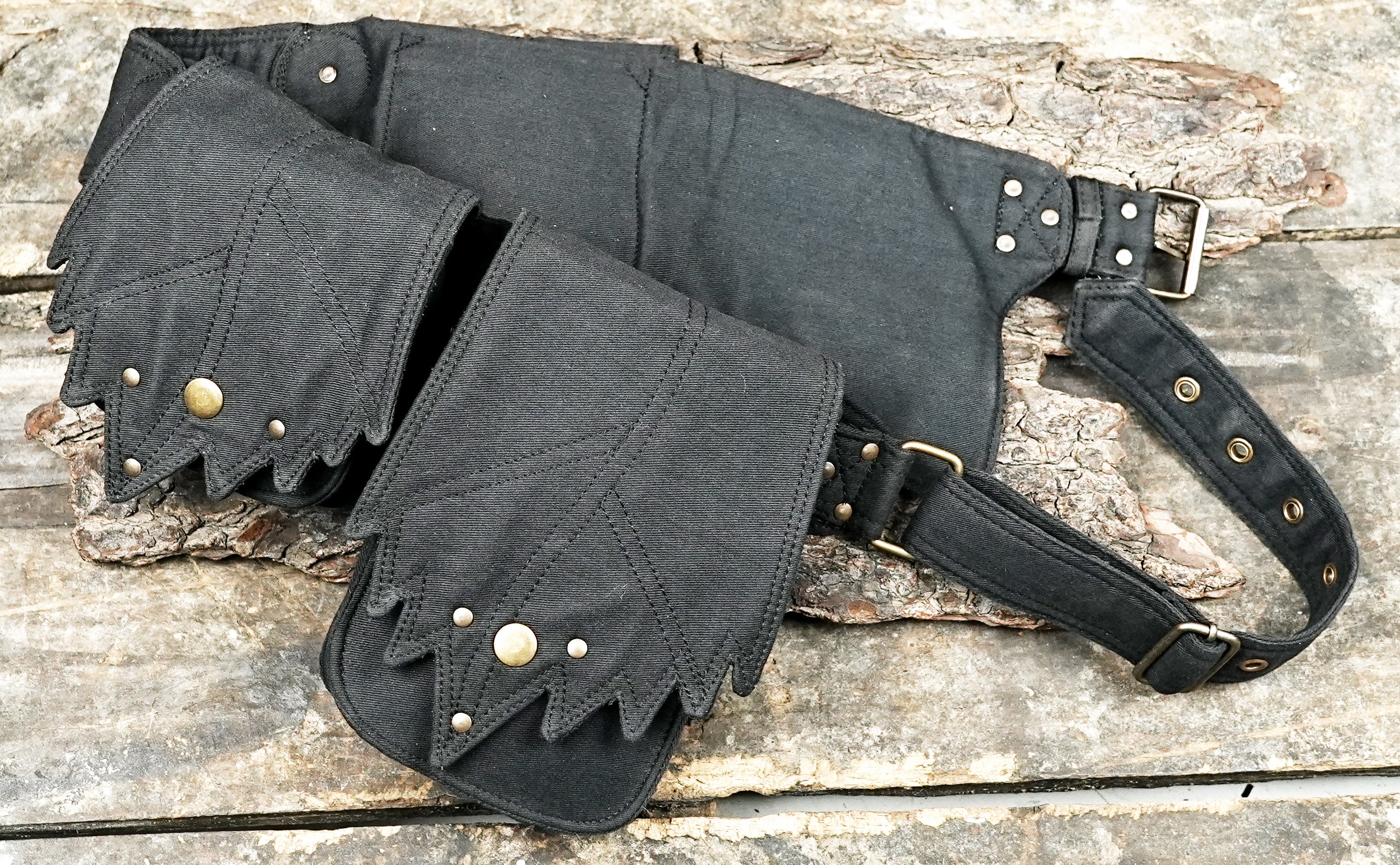 Black steampunk utility belt bag with crystal for hiking and events