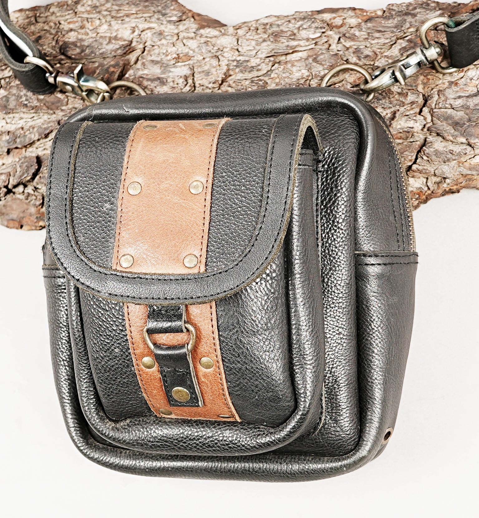 Black leather utility waist belt bag with adjustable strap