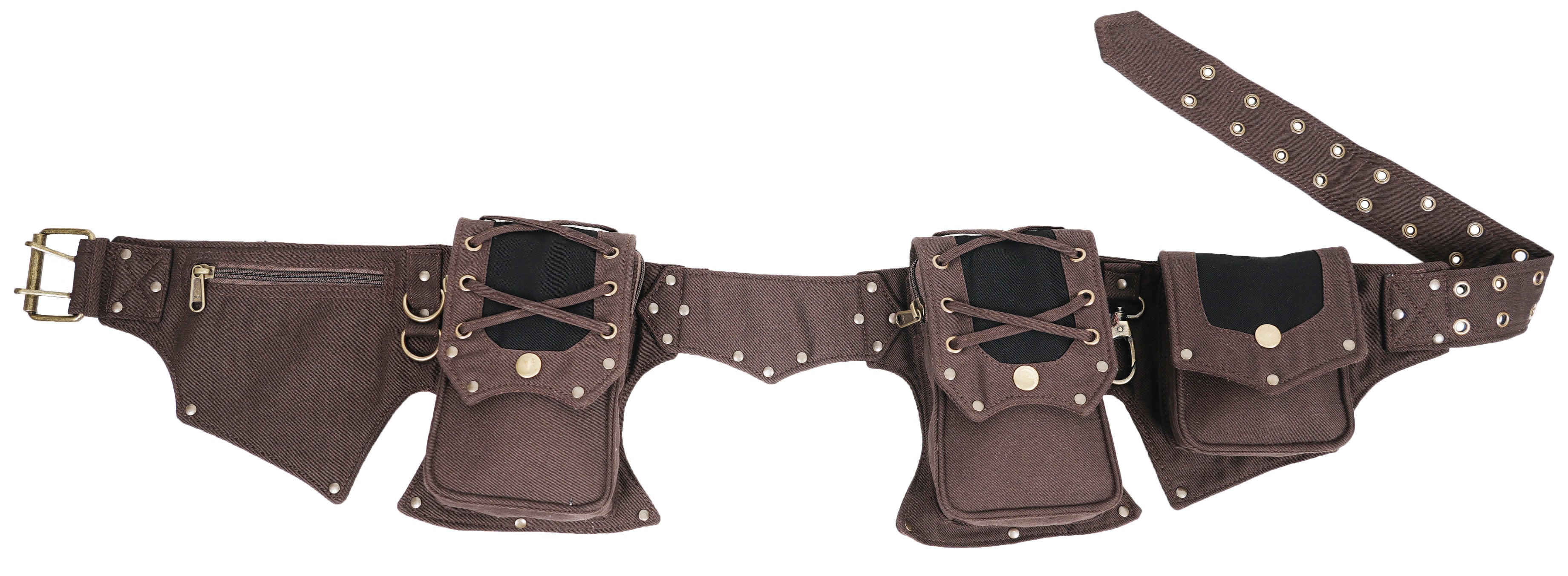 Outdoor travel utility hip pack with heavy-duty brass hardware and snap flaps