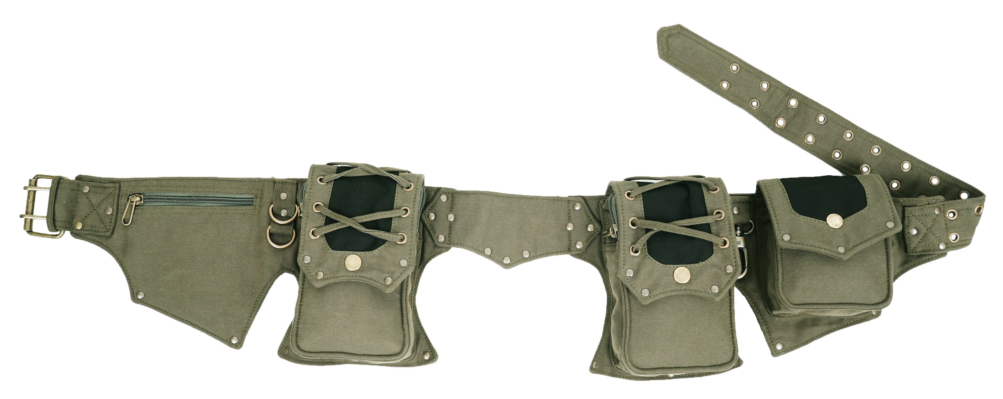 Edgy streetwear pocket belt with two-tone black and tan canvas compartments