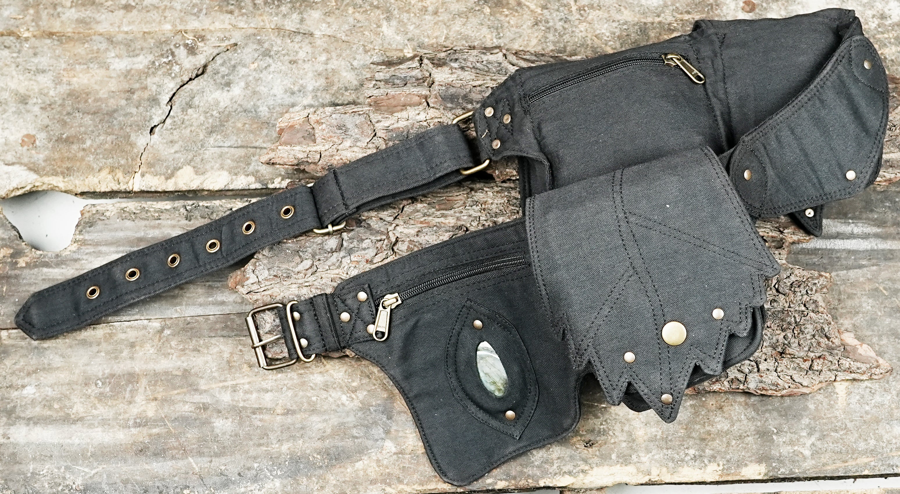 Studded cotton fanny pack with gemstone pocket and leaf flaps