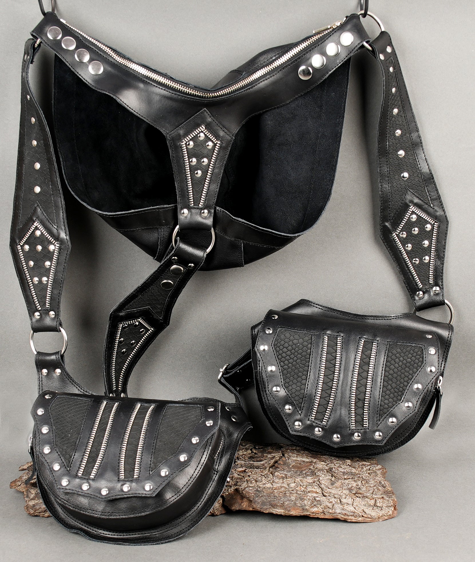 biker leather holster bag with metal detailing