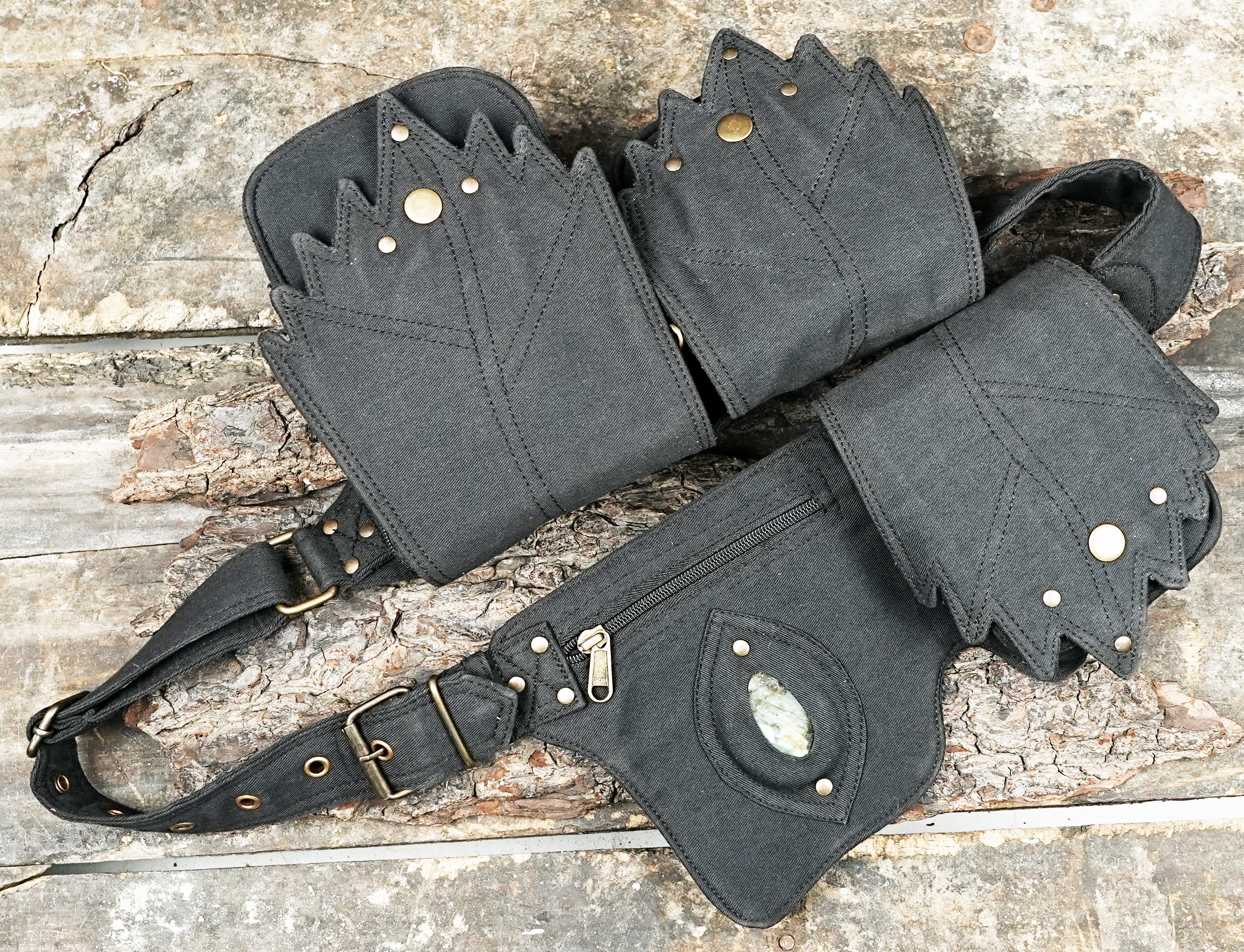 Rugged black hip belt with natural crystal for festival wear