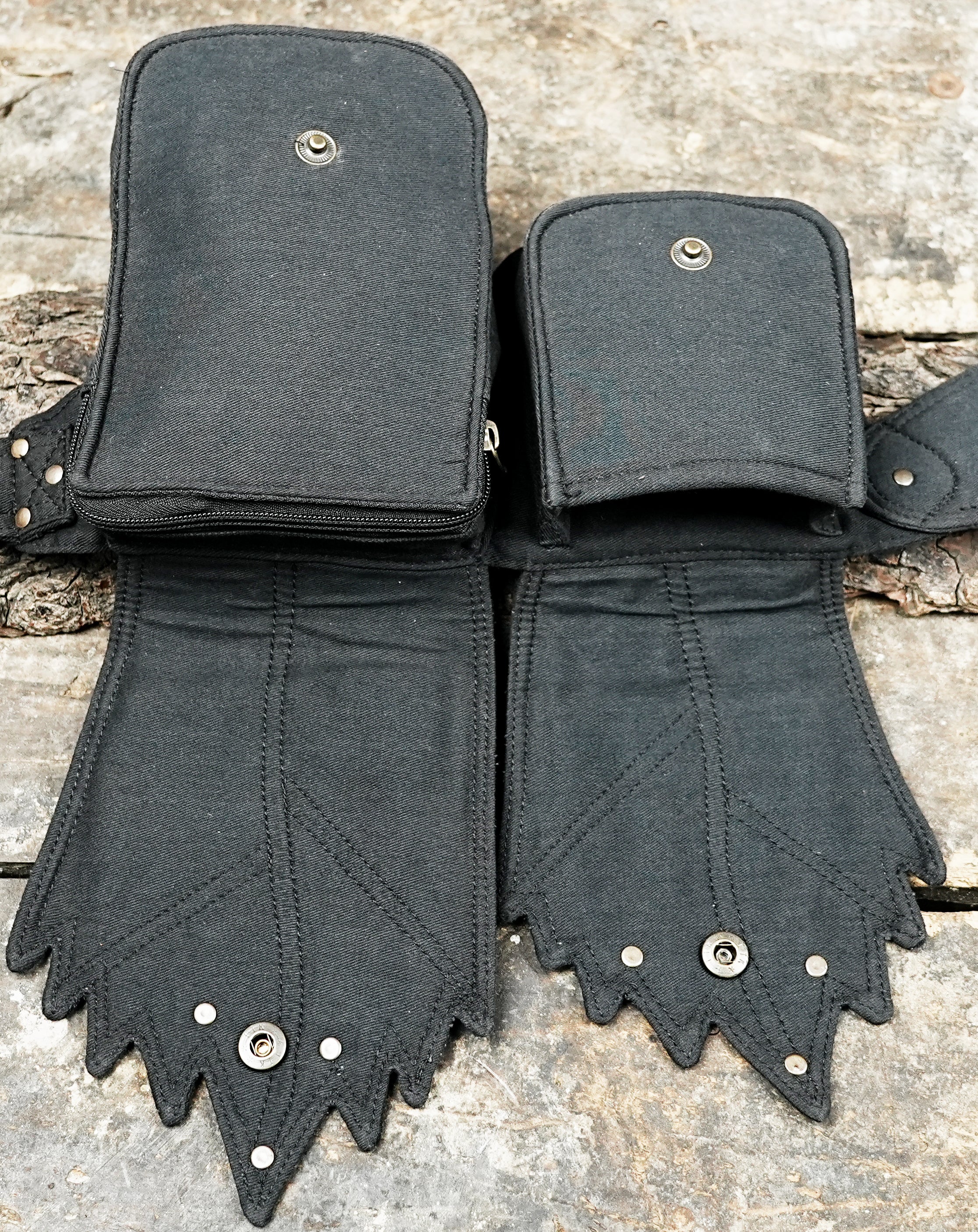 Casual black cotton waist bag with metallic studs and stone inlay