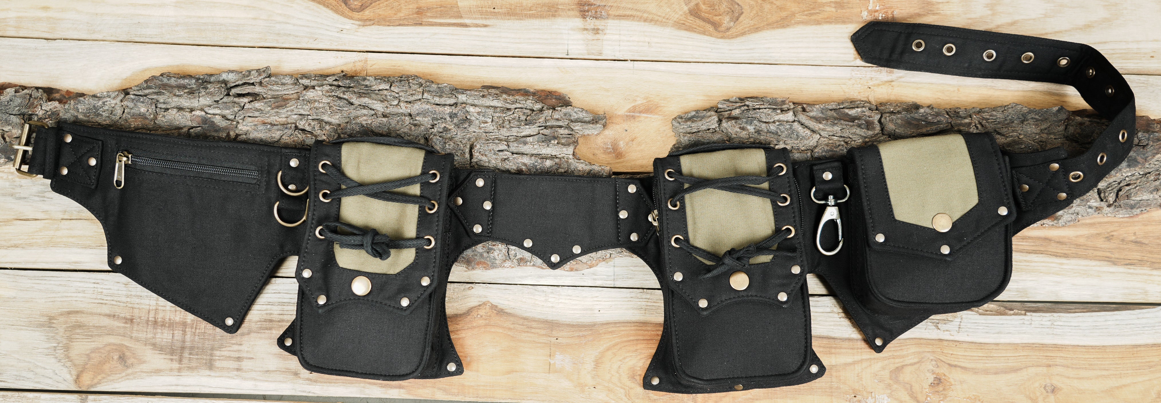 Handmade canvas multi pocket utility belt with lace up front pockets and brass studs