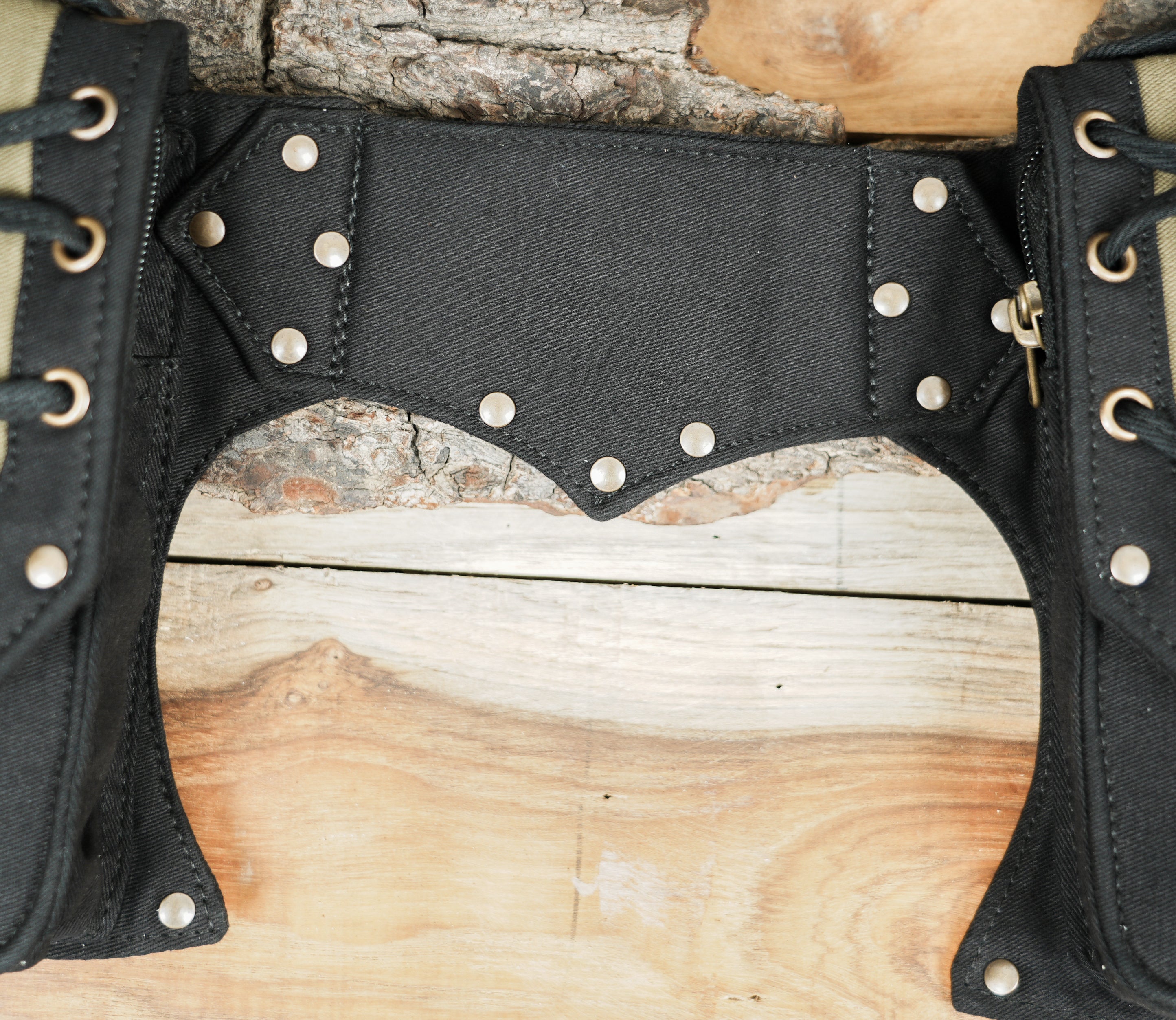 Gothic cyberpunk utility belt with D-rings, clasp hook, and wide eyelet strap