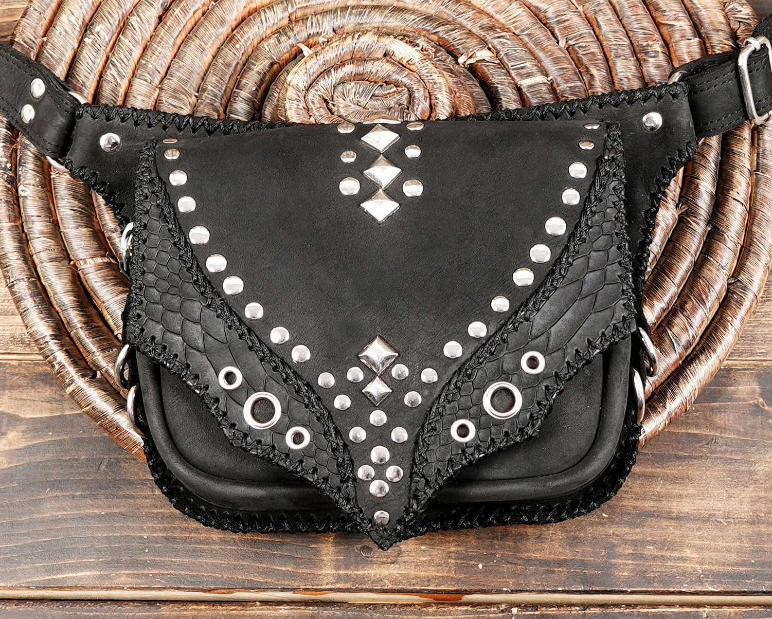 Studded black leather festival belt bag
