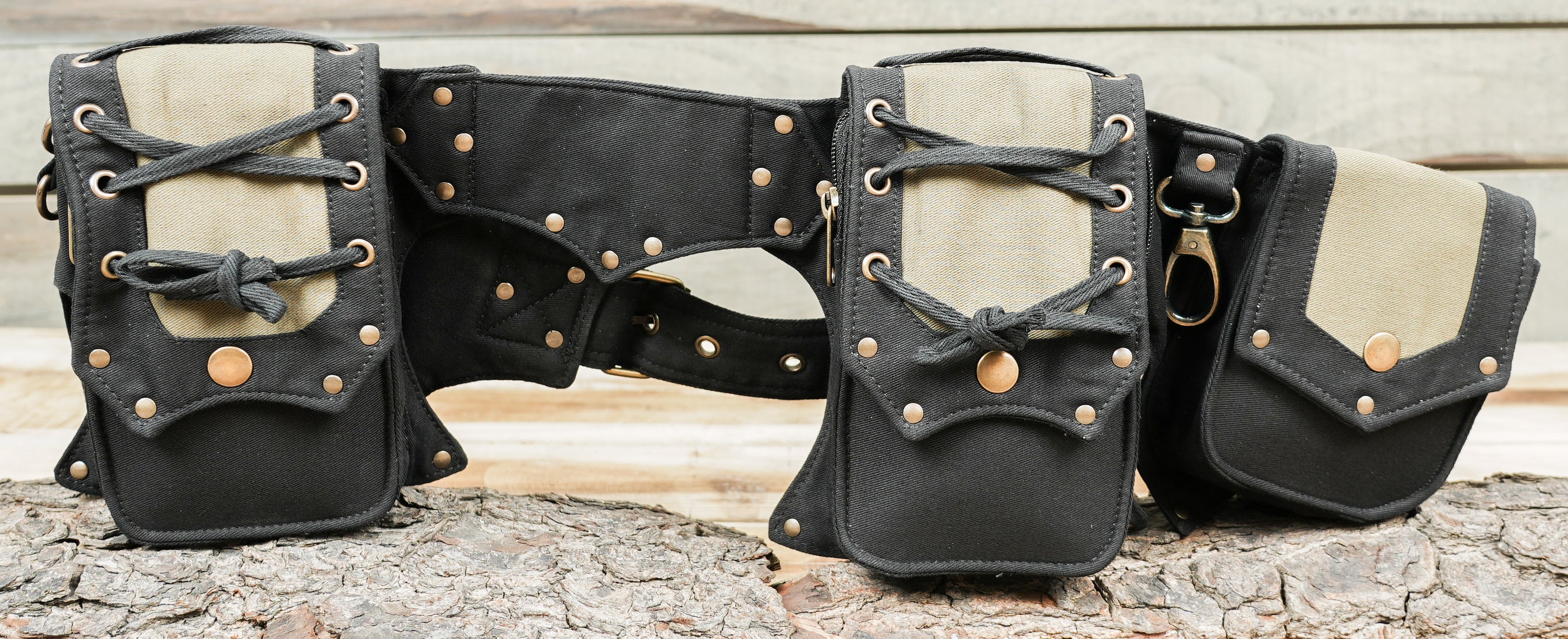 Burning Man pocket belt with lace-up cargo pouches and metal dome studs