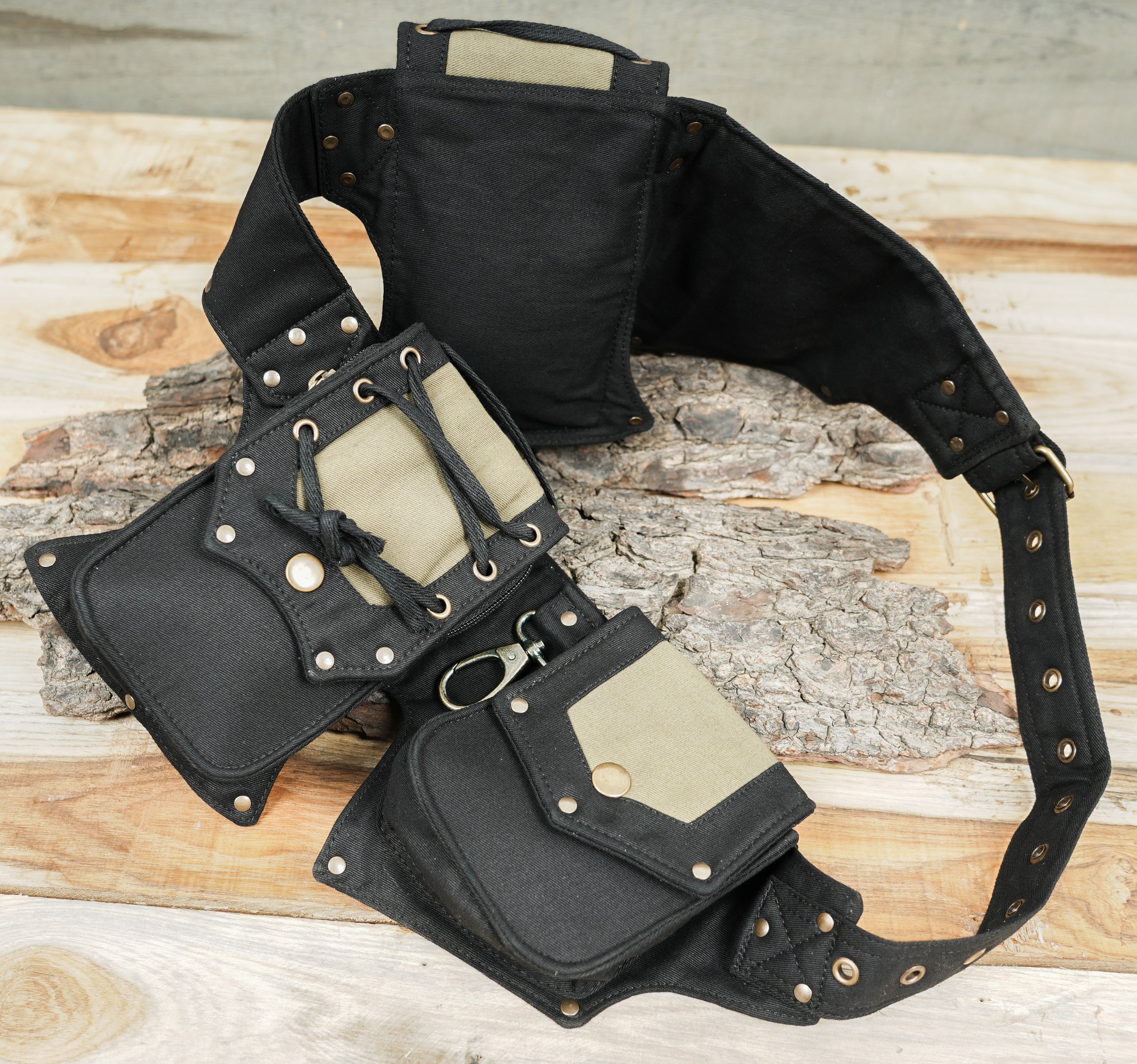 Renaissance fair utility hip pouch with pointed hem and corset style lacing