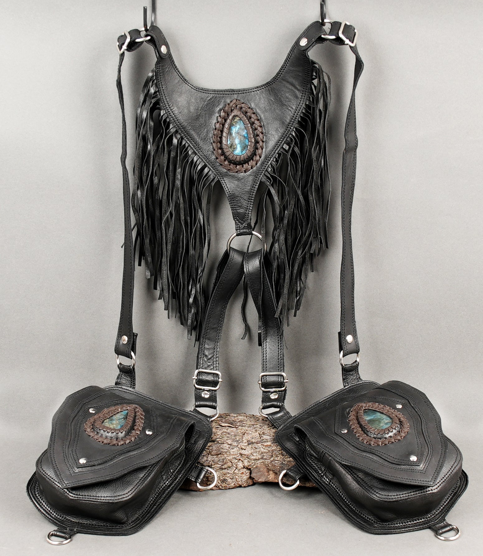Boho-steampunk leather holster with long fringe and stone decor