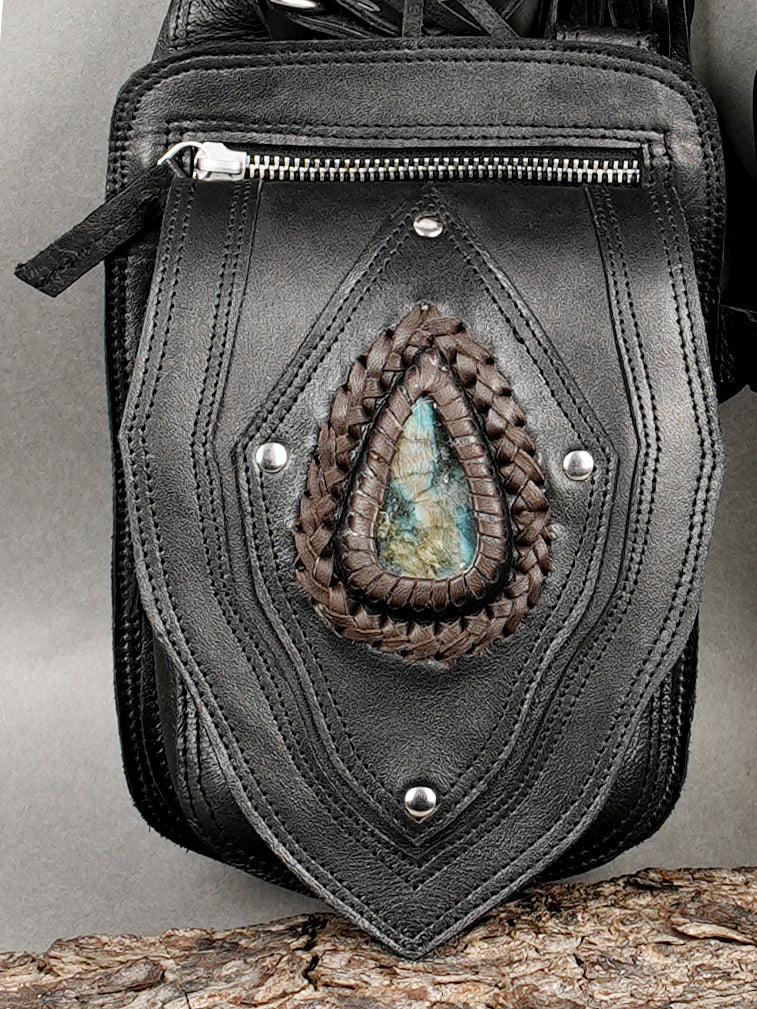 Black leather harness holster with gemstone panel and fringe design