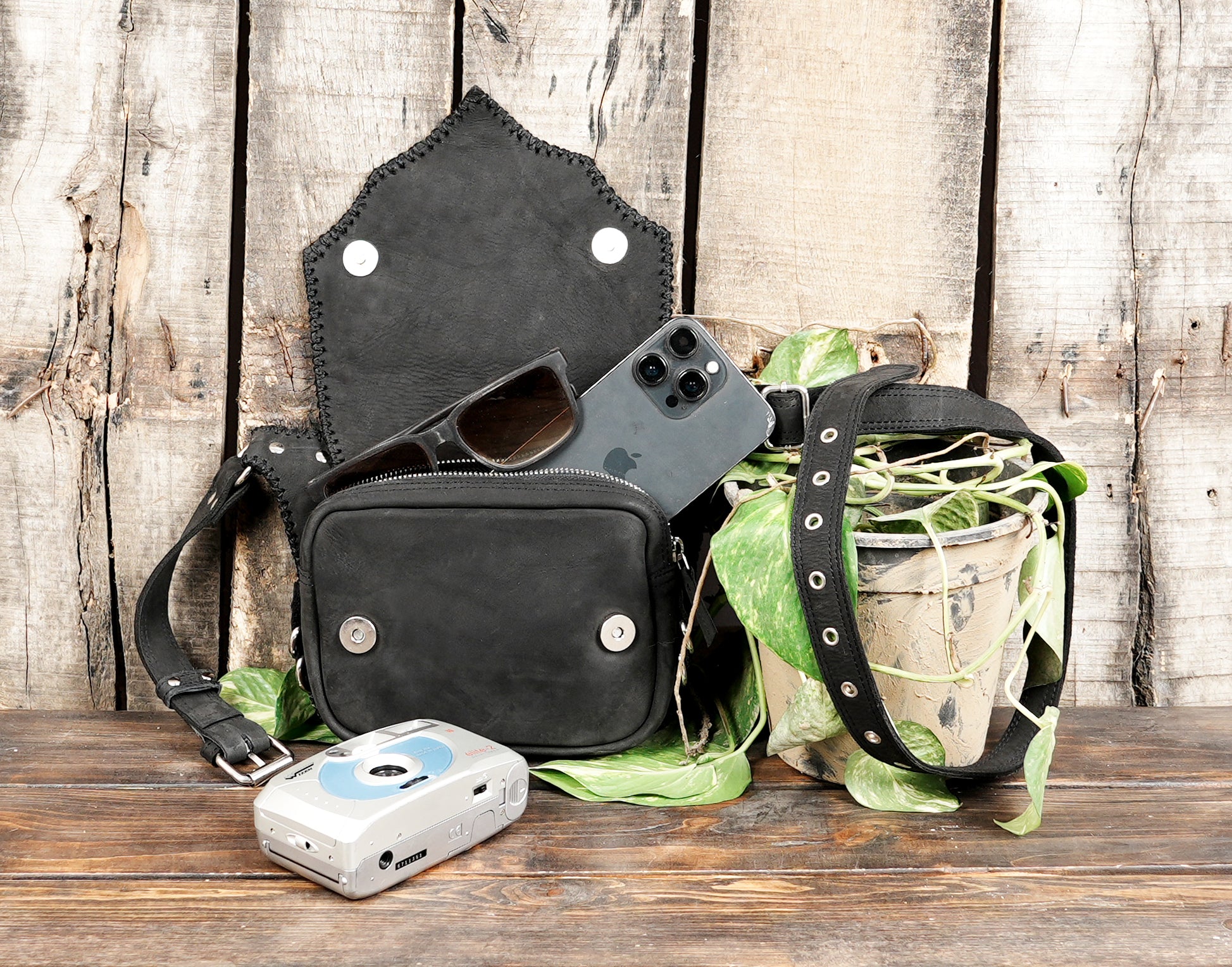 Gothic inspired leather waist pouch with silver accents